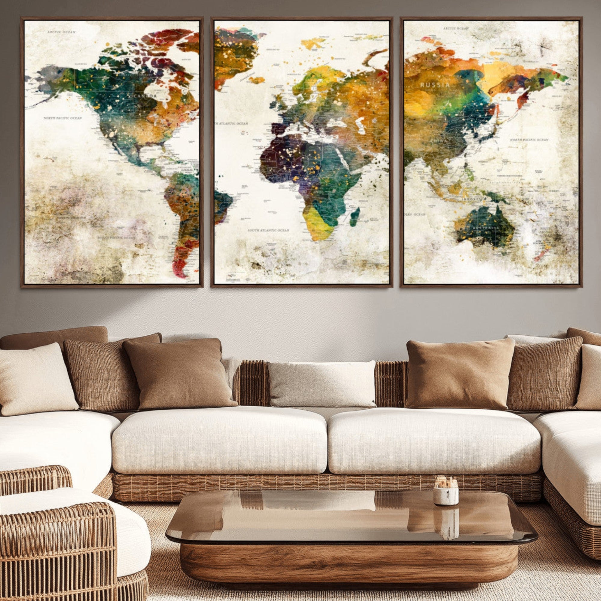 39605-MGV-CV-36X24-Vintage Watercolor World Map Canvas Wall Art – Framed Push Pin Travel Map for Home and Office Decor, Rustic Artistic World Map Artwork