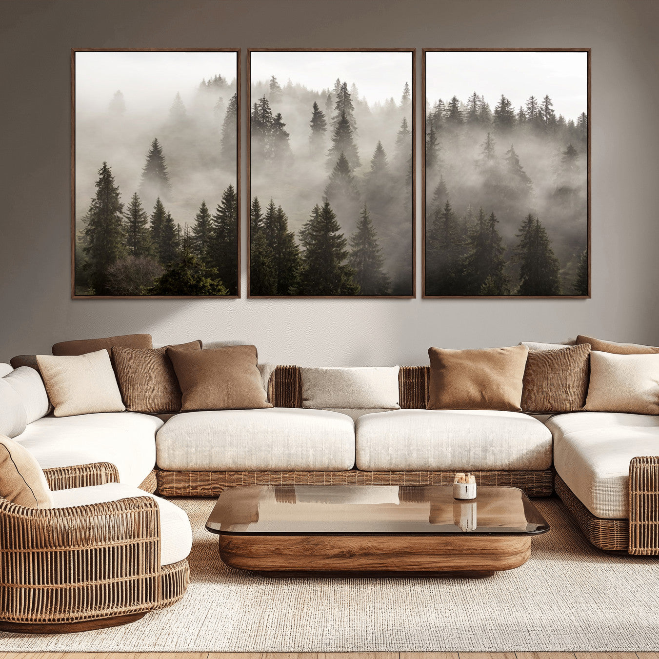 62862-MGV-CV-36X24-Foggy Mountain Wall Art | 3-Panel Foggy Forest and Mountain Landscape | Large Giclee Print for