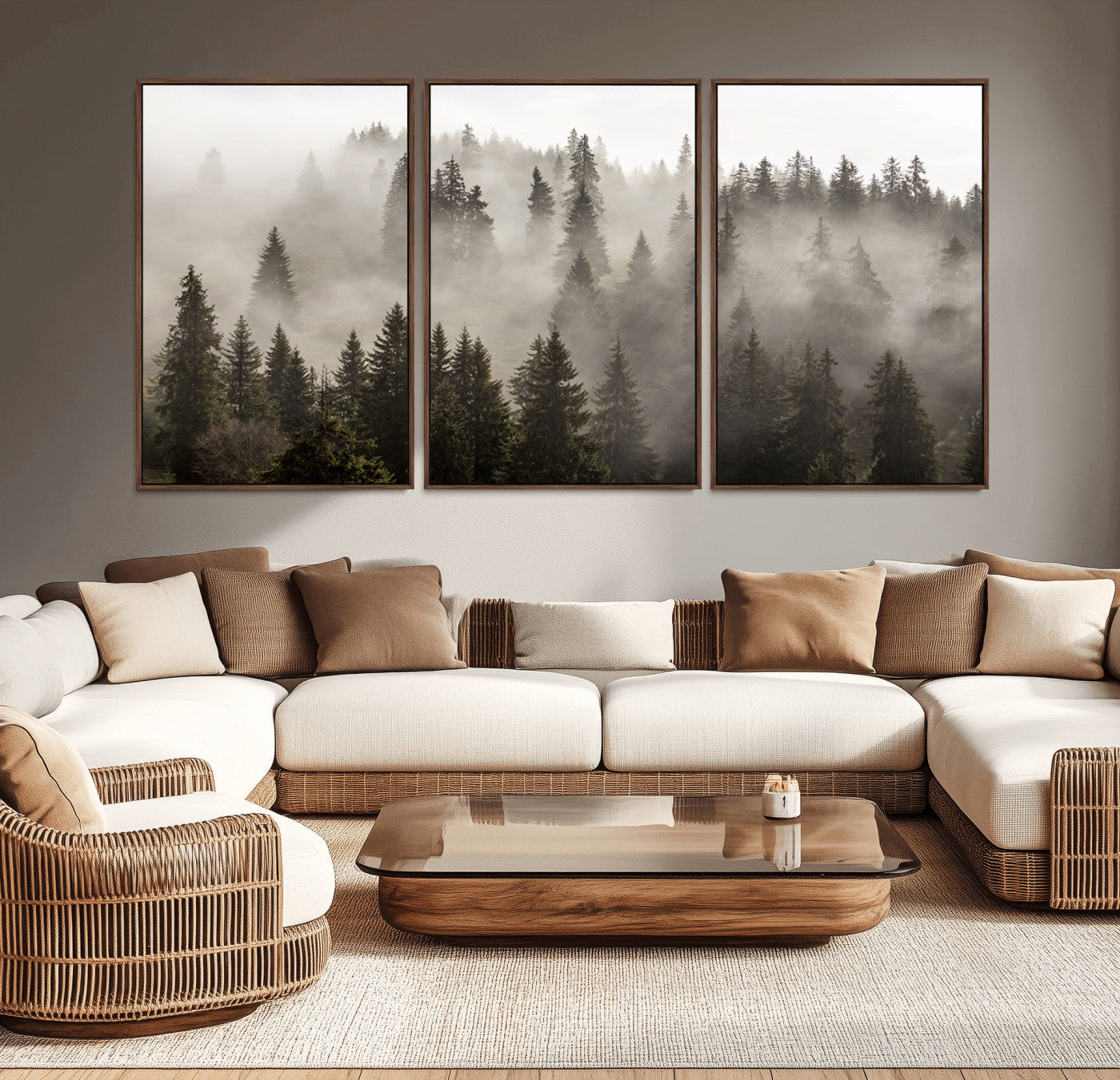 62862-MGV-CV-36X24-Foggy Mountain Wall Art | 3-Panel Foggy Forest and Mountain Landscape | Large Giclee Print for