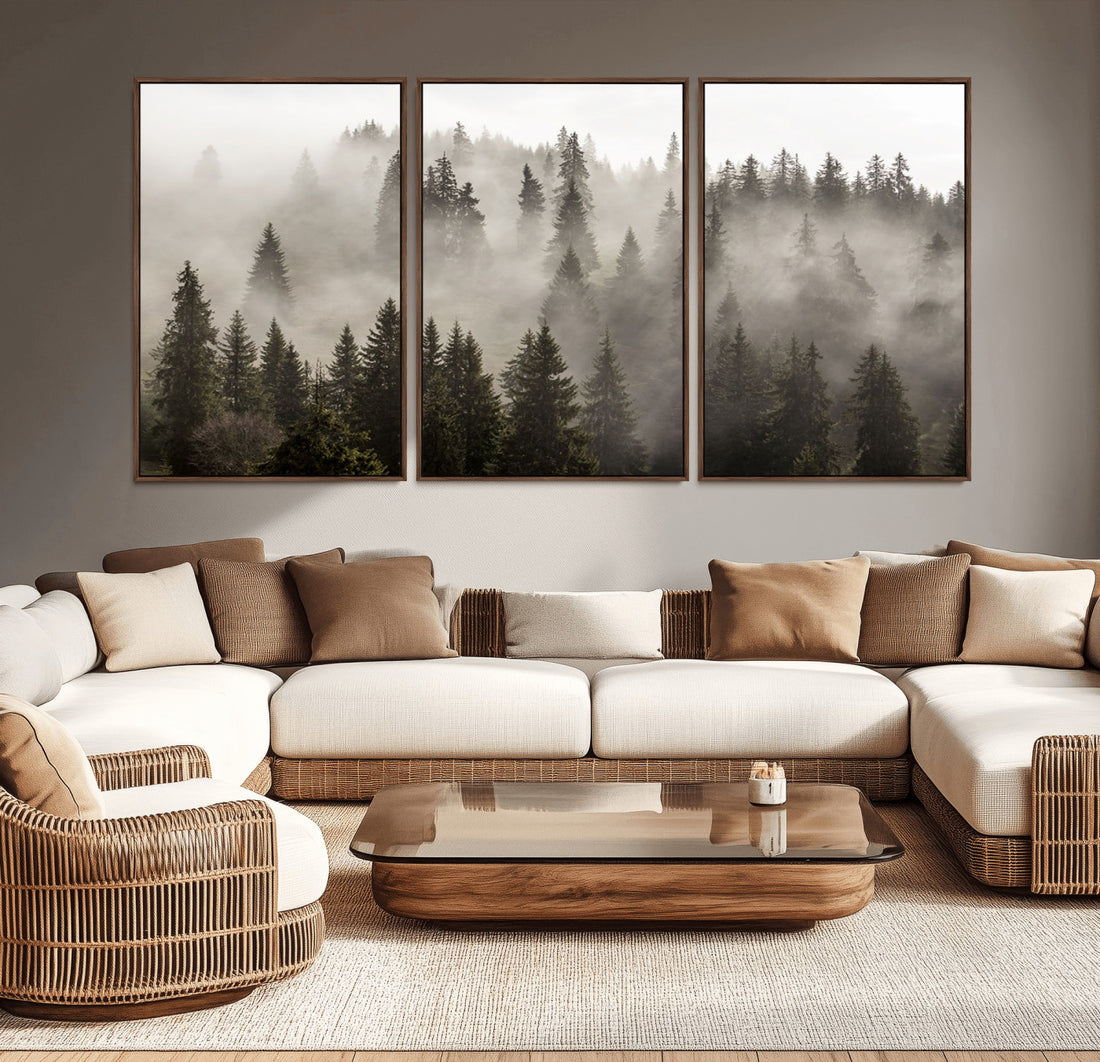 Foggy Mountain Wall Art | 3-Panel Foggy Forest and Mountain Landscape Canvas Print