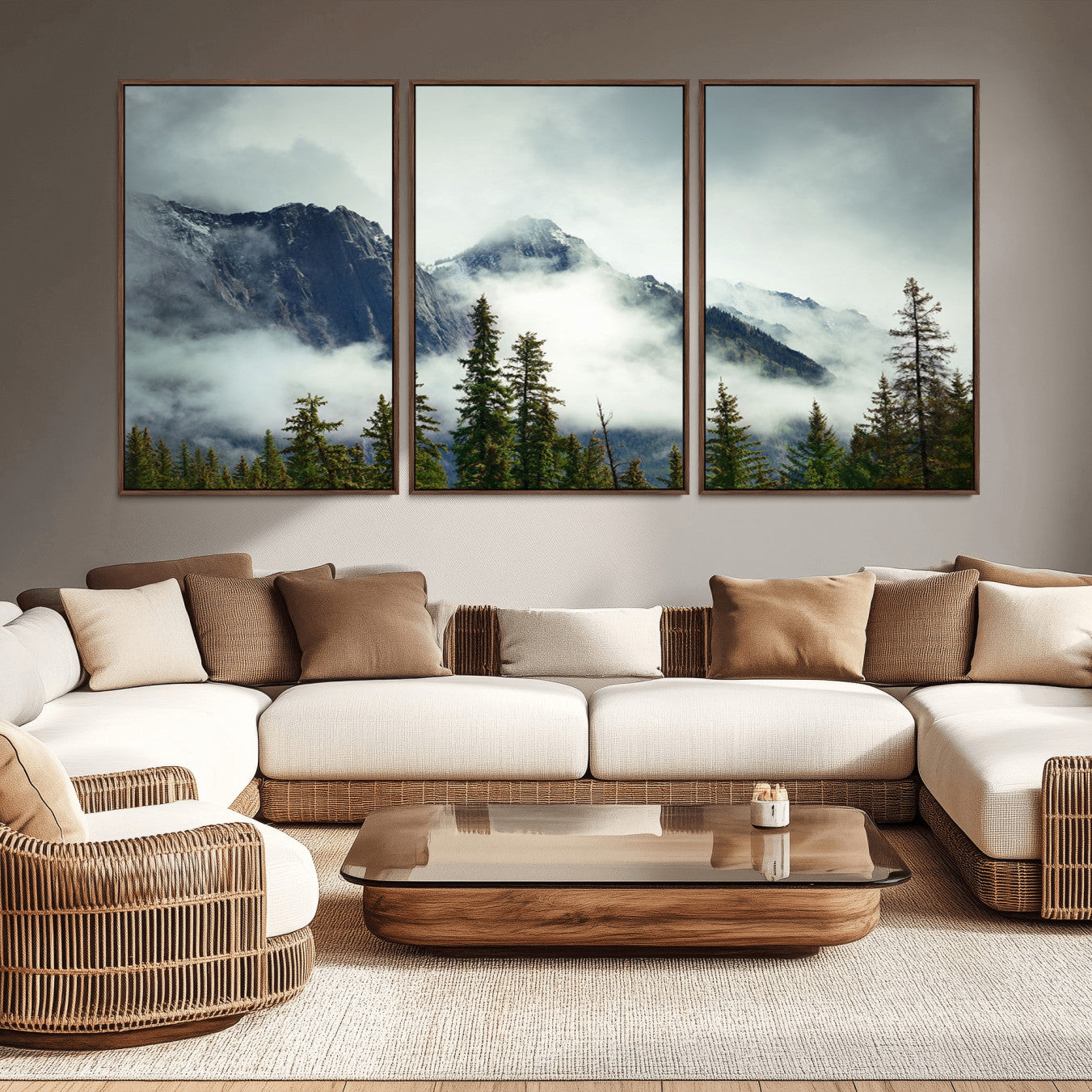 93219-MGV-CV-36X24-Mountain Mist Canvas Wall Art Print | 3-Panel Foggy Forest and Mountain Landscape | Large Giclee