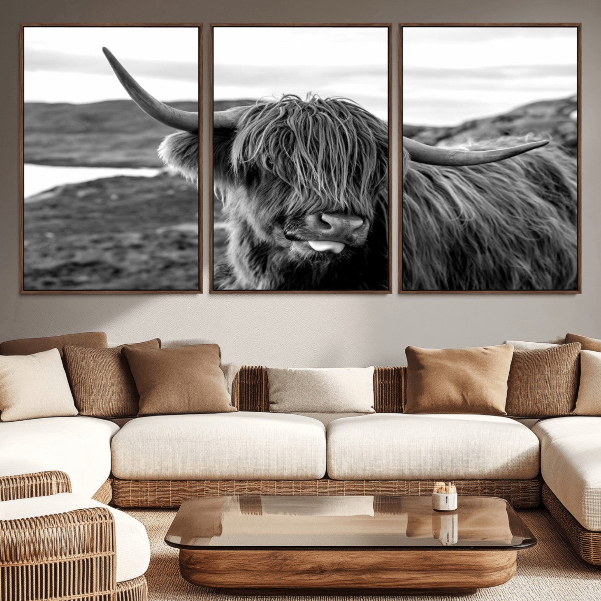 83810-MGV-CV-36X24-Longhorn Steer Canvas Print Wall Art, Highland Cow Canvas Wall Art – Black and White Animal Portrait