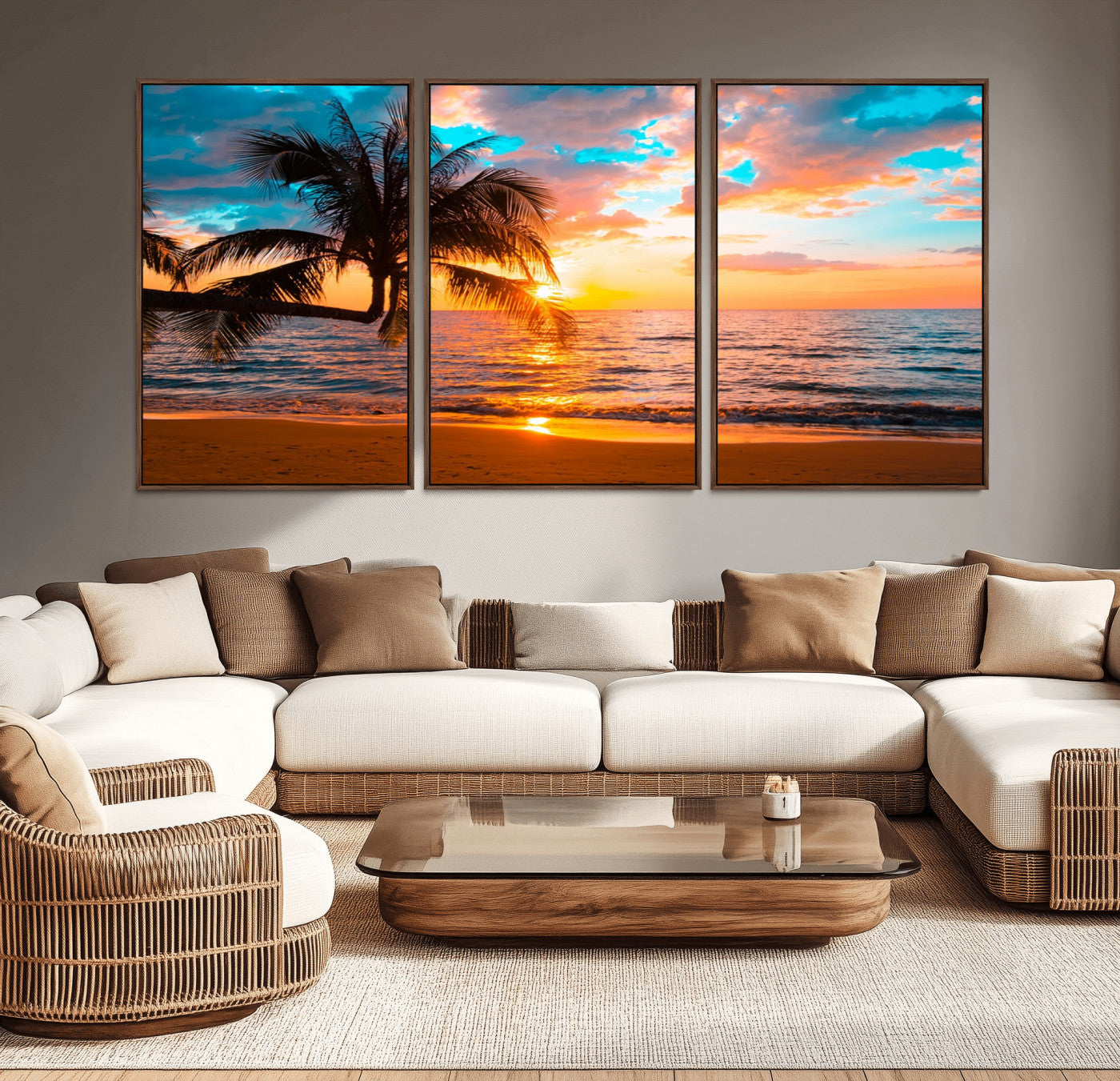 -Palm Tree Sunset On The Beach Wall Art Canvas, Framed Palm Tree Sunset Canvas Print