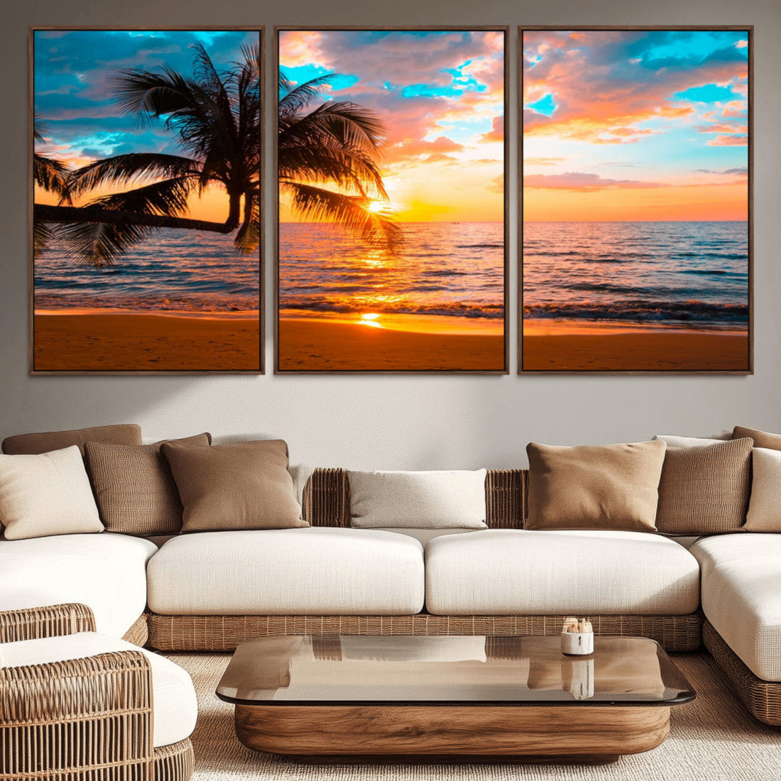 Palm Tree Sunset On The Beach Wall Art Canvas, Framed Palm Tree Sunset Canvas Print