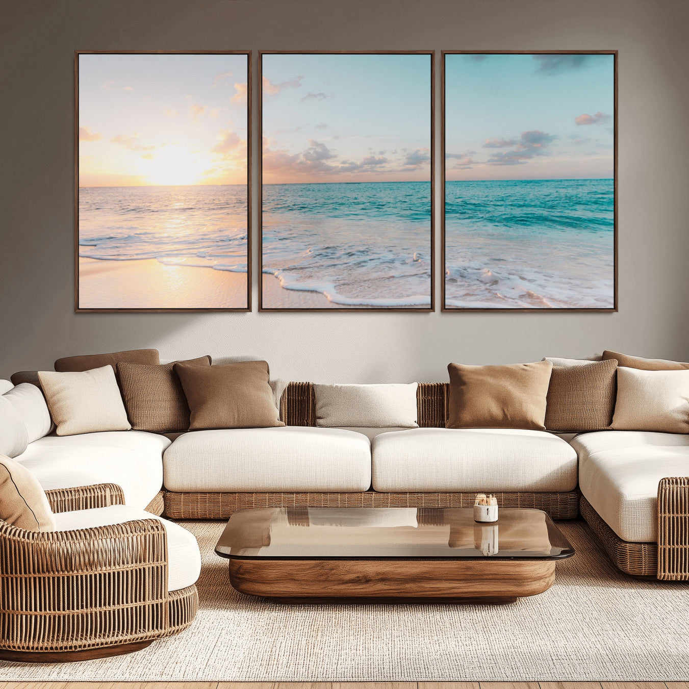 -Tranquil Ocean Beach Sunset Canvas Wall Art | 3-Panel Coastal Decor