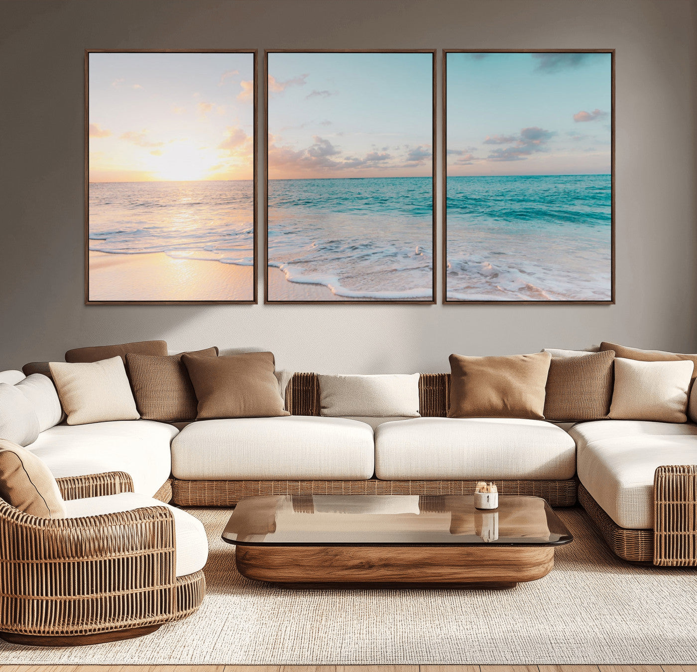 -Tranquil Ocean Beach Sunset Canvas Wall Art | 3-Panel Coastal Decor