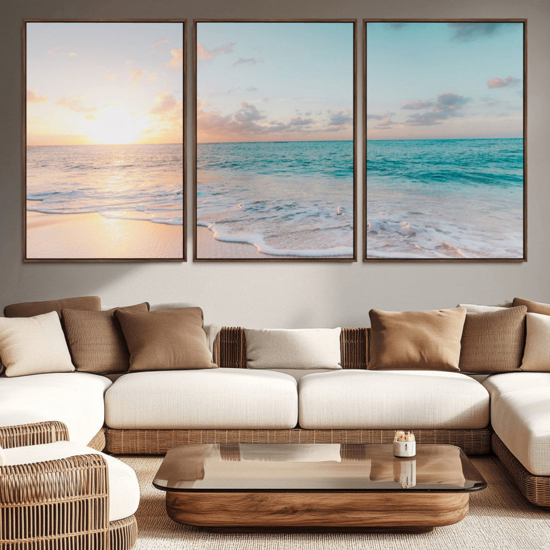 Tranquil Ocean Beach Sunset Canvas Wall Art | 3-Panel Coastal Decor