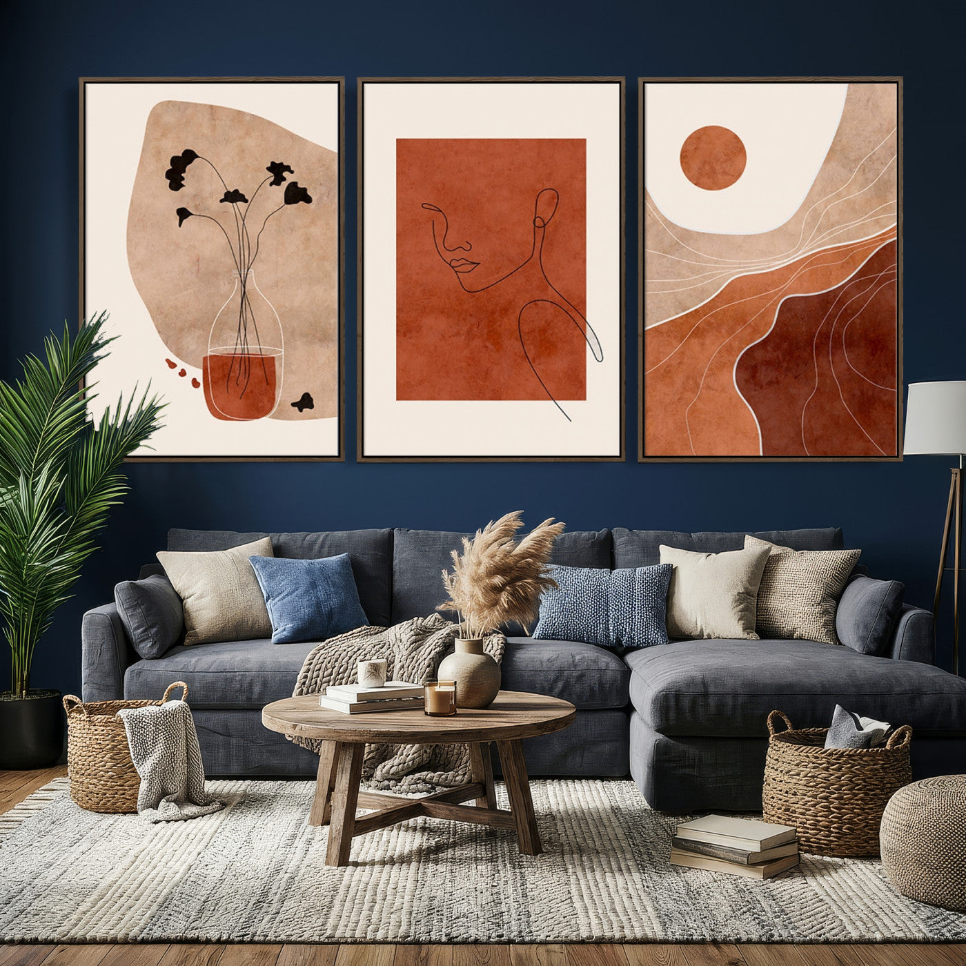 56768-MGV-CV-60X30-3P - Boho Sunset Mountain Canvas Print, Modern Boho Sunset Mountain Landscape Triptych – Giclée Canvas