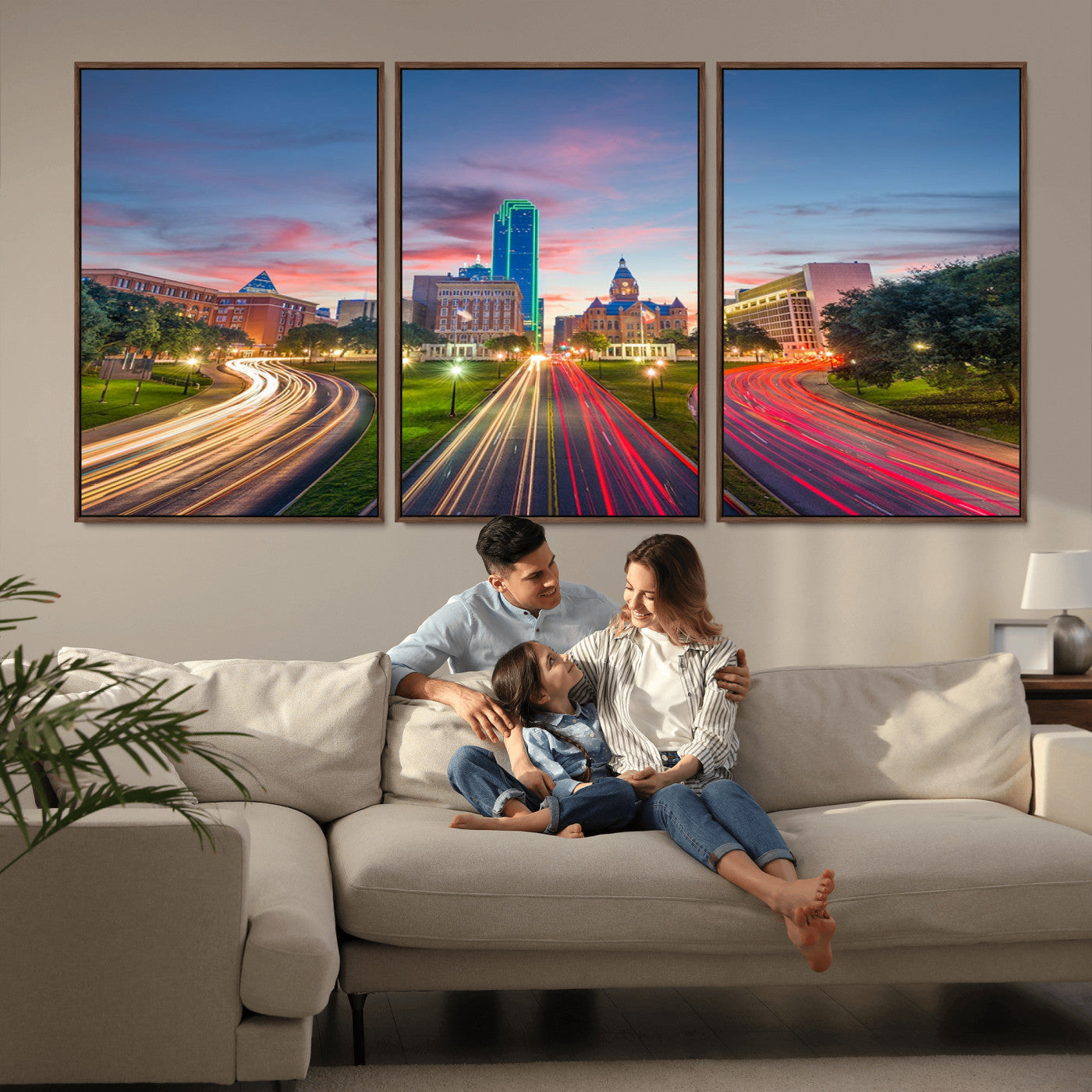 33960-MGV-FC-60X30-3P_Walnut-Dallas City Lights Large Wall Art Dallas Cityscape Canvas Print Framed Living Room Decor