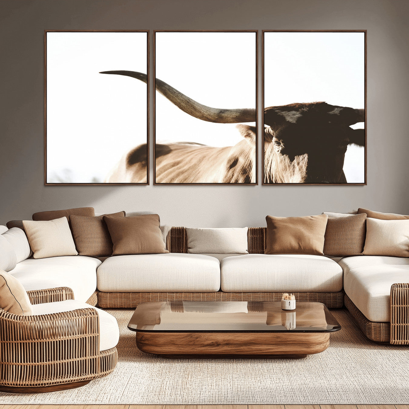 35866-MGV-CV-36X24-Texas Longhorn Wall Art Canvas Print | 3-Panel Large Longhorn Canvas Print for Living Room, Framed