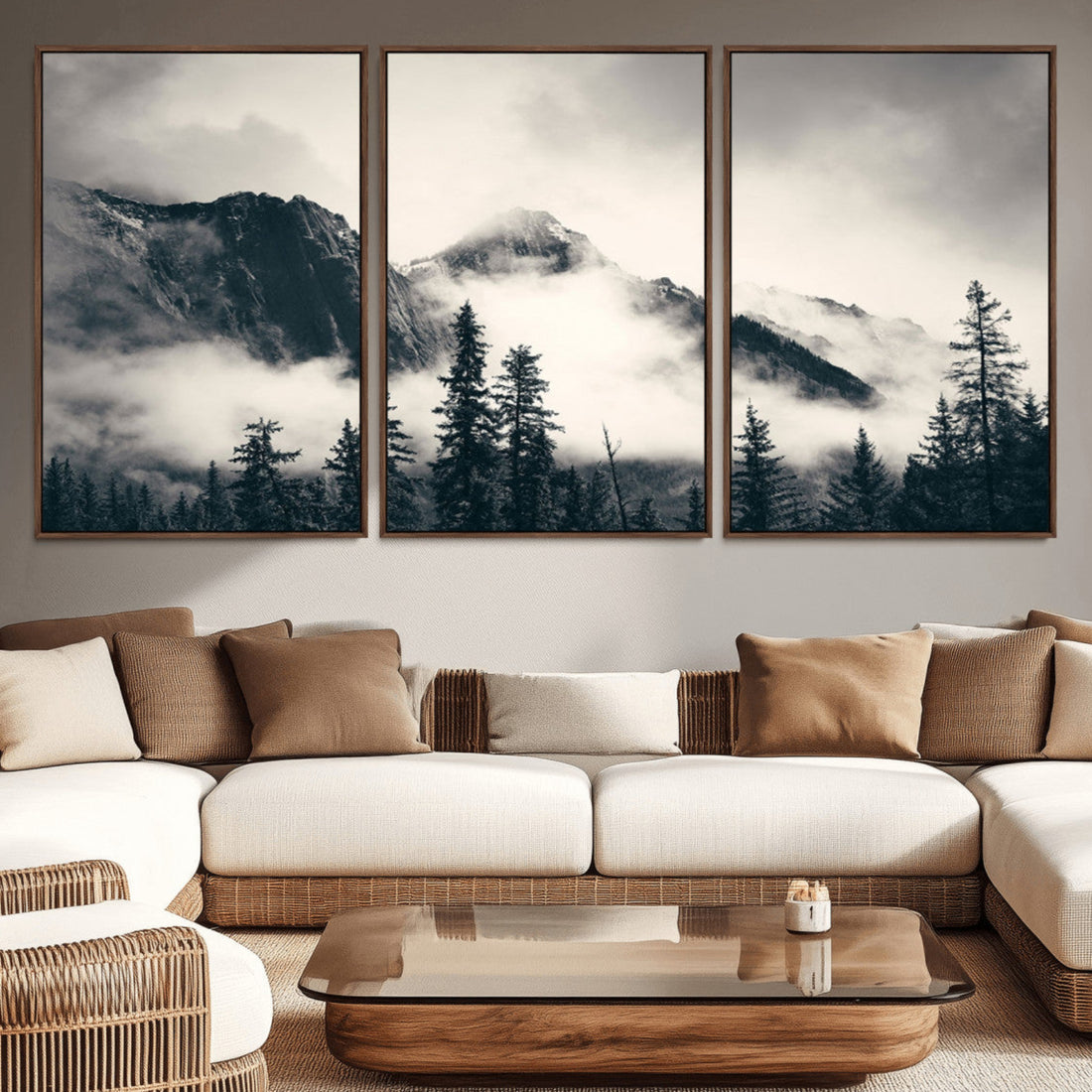 Forest Mountain Print | Black and White Canvas Wall Art with Misty Forest Design