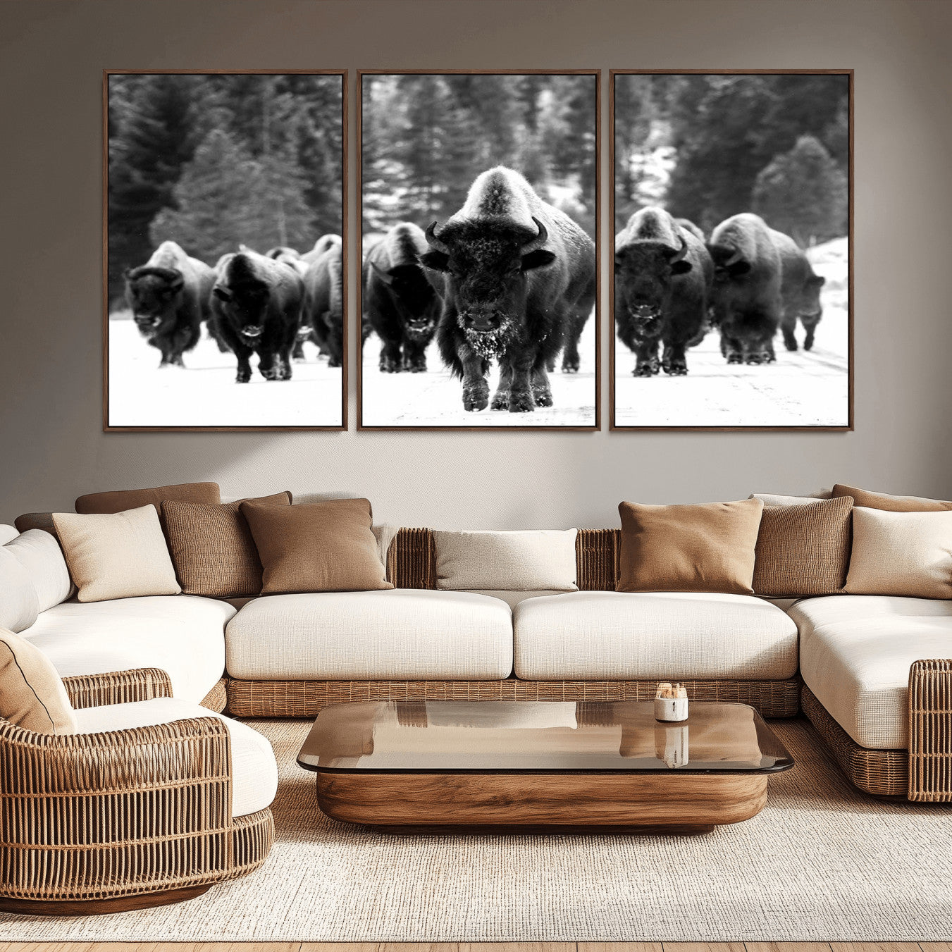 -Bison Herd in Snow Wall Art Canvas Print | Rustic Western Bison Wall Art for Decor for Living Room,