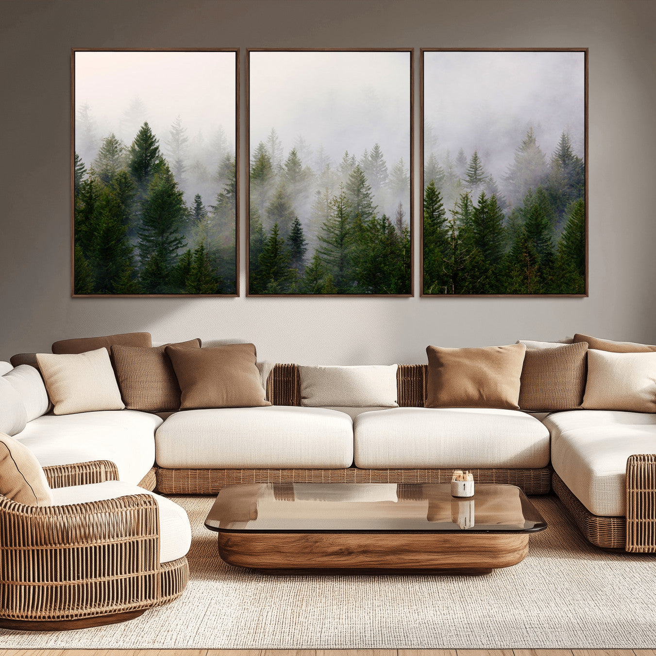 11436-MGV-CV-36X24-Misty Pine Forest Wall Art Canvas Print | 3 Panel Green Woodland Canvas Print for Living Room,