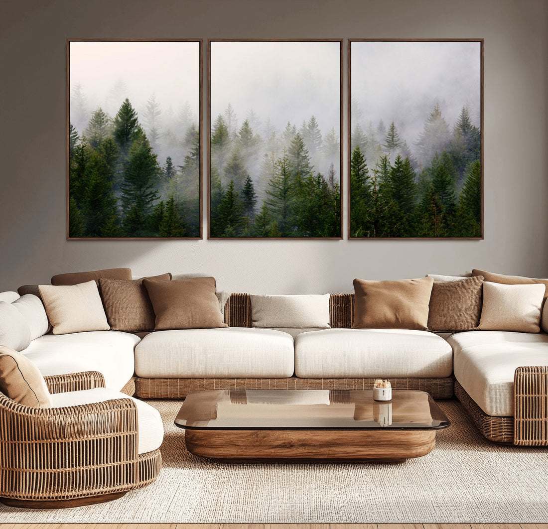 Misty Pine Forest Wall Art Canvas Print | 3 Panel Green Woodland Nature Decor