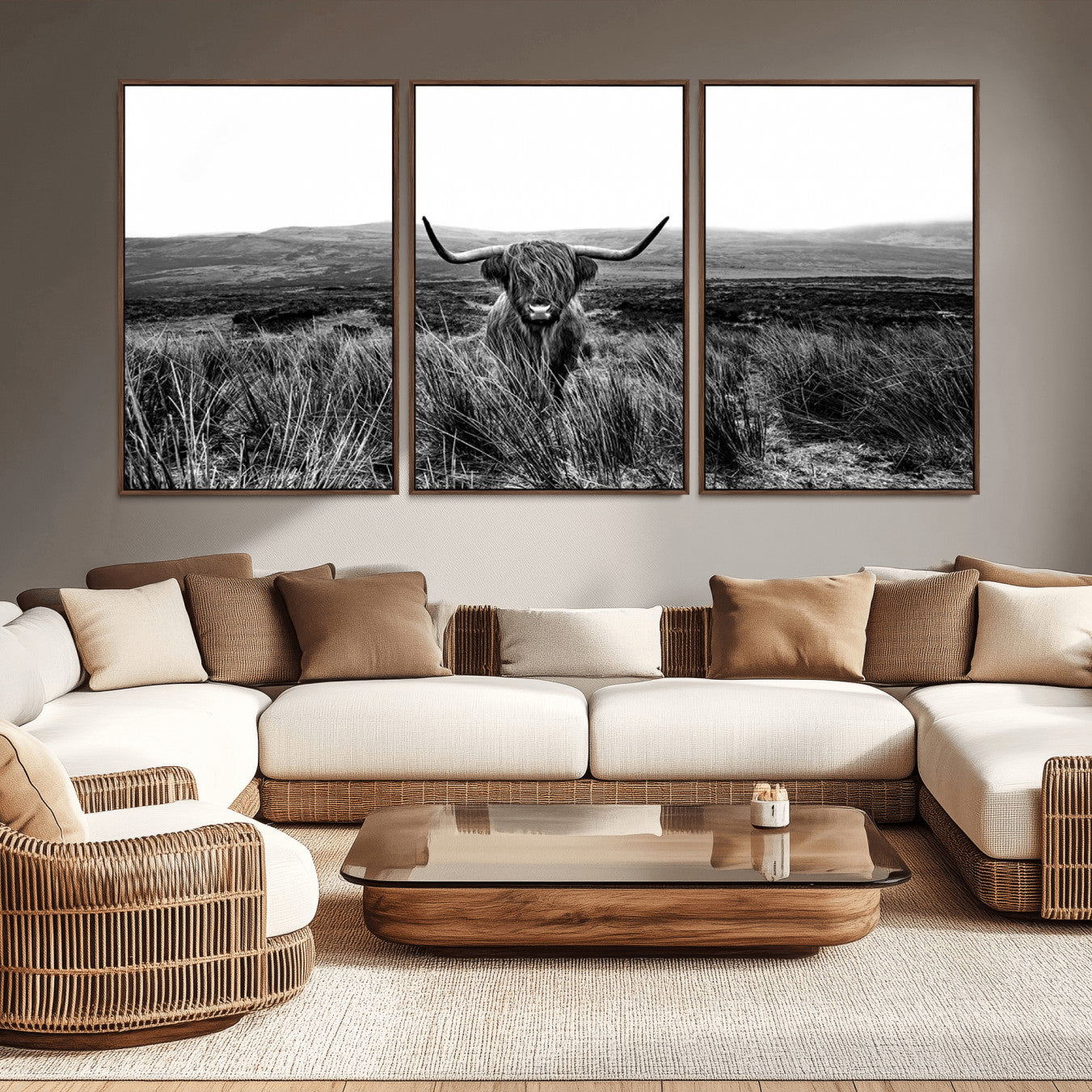 -Black and White Highland Cow Canvas Wall Art, Longhorn Triptych Western Wall Decor for Cabin -