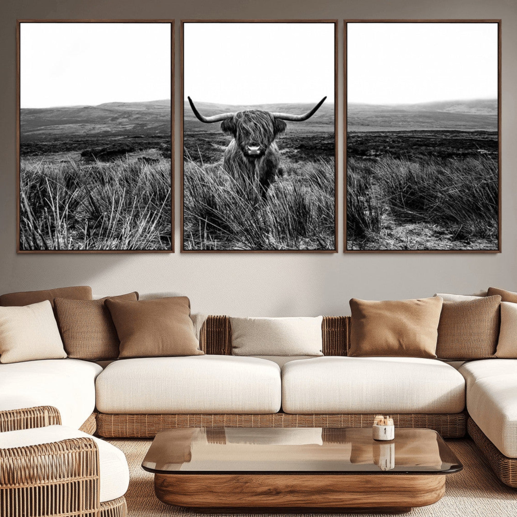 -MGV-CV-36X24-Black and White Highland Cow Canvas Wall Art, Longhorn Triptych Western Wall Decor for Cabin -