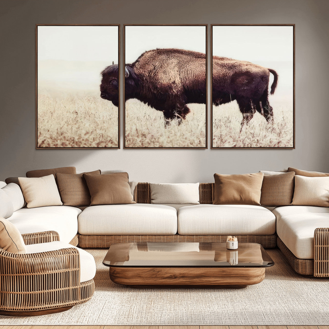 -Bison in Field Wall Art Canvas Print For Farmhouse Barn Decor
