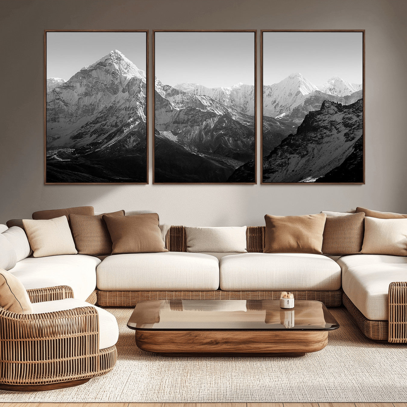 10775-MGV-CV-36X24-Everest Himalaya Mountain Peaks Black & White Triptych Canvas Art – Mountain Wall Decor, Everest