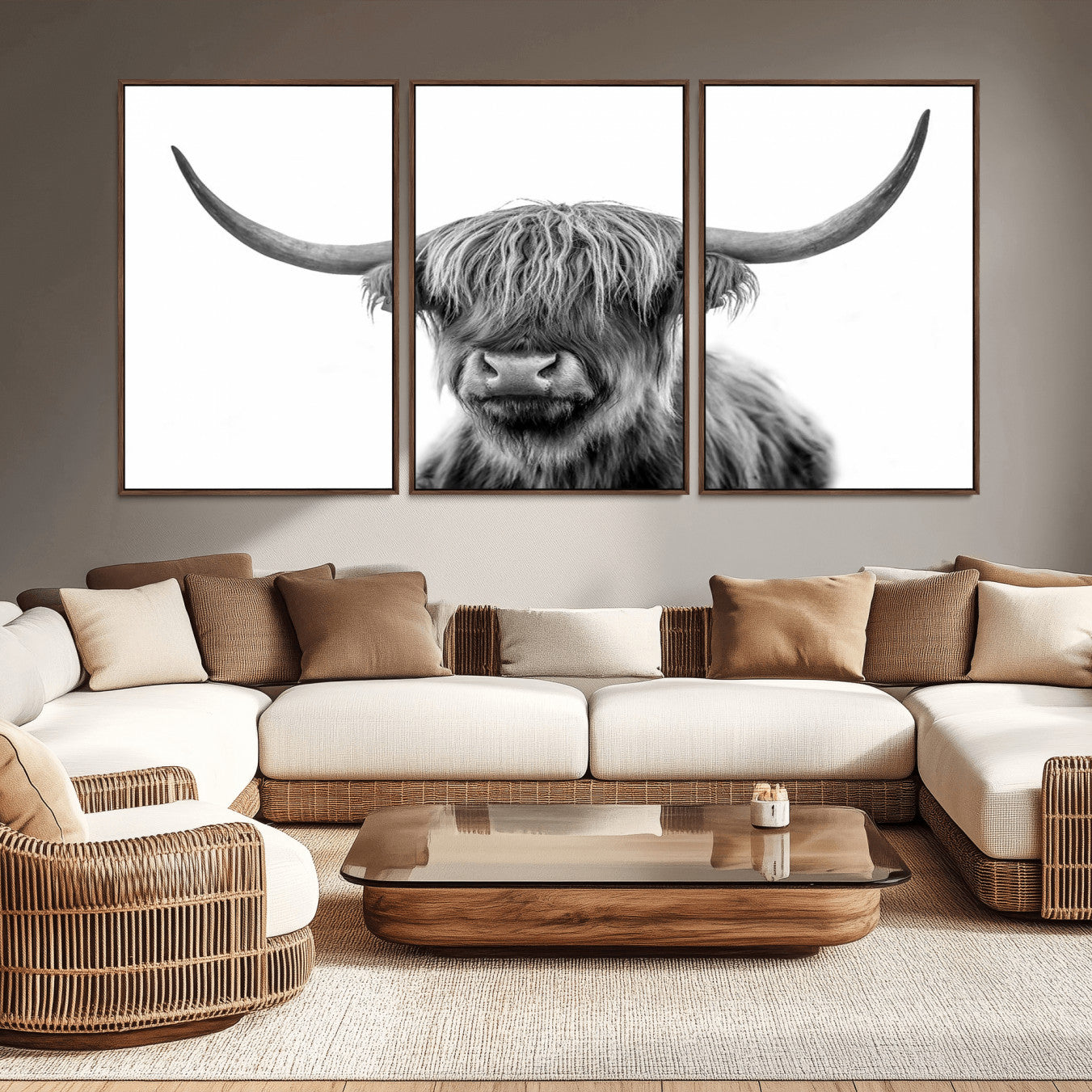 -Grayscale Scottish Highland Cow Cattle Art Print Farmhouse Wall Art Canvas Print