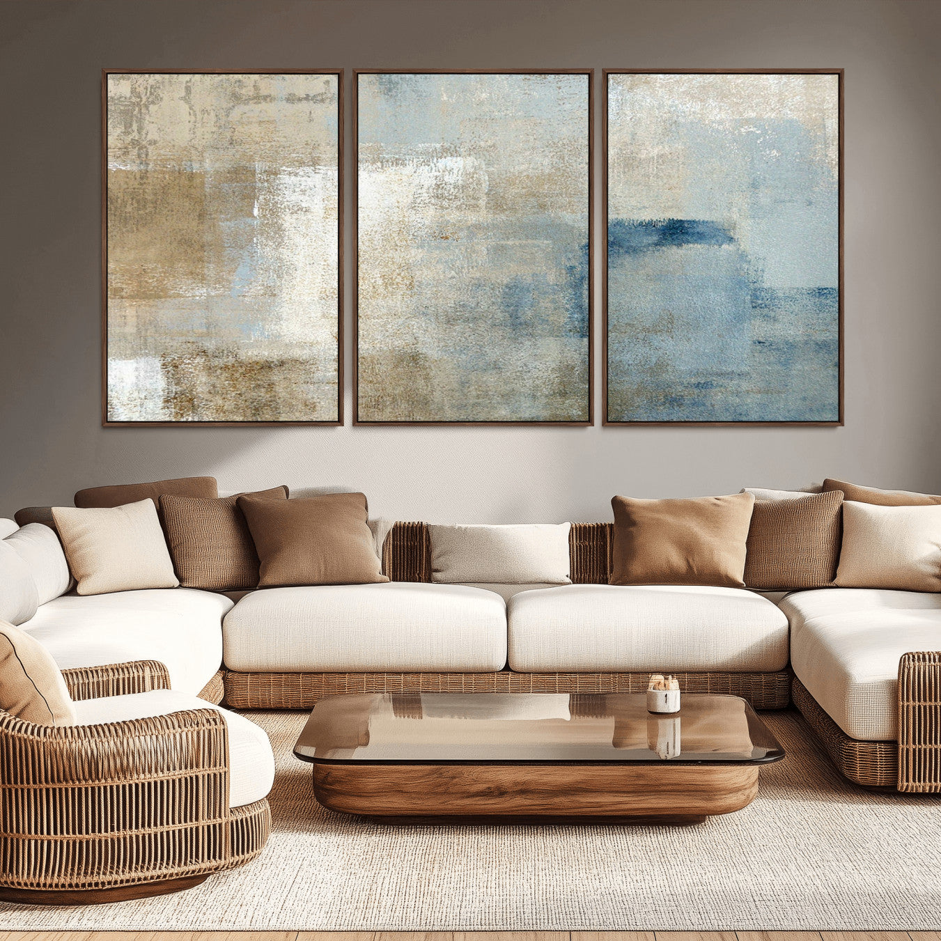 -Abstract Blue and Beige Wall Art, Modern Minimalist Canvas Print Set, Giclee Textured Art, Large