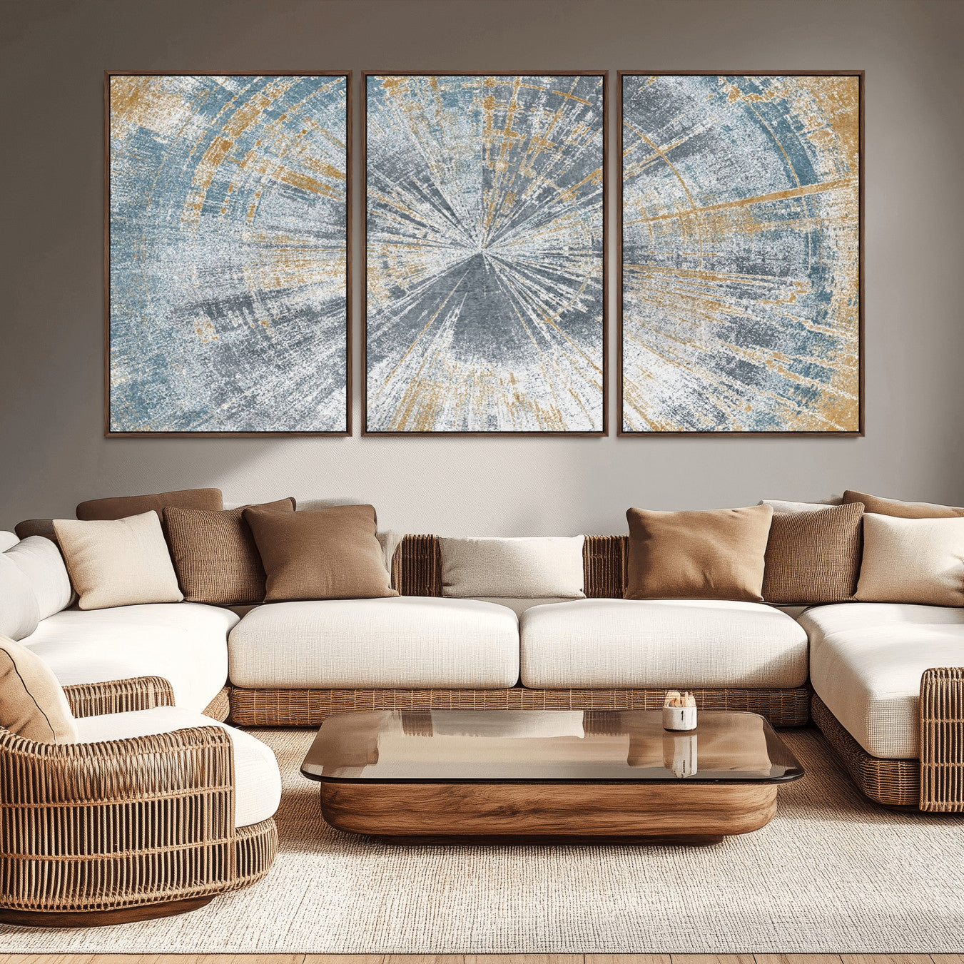 17631-MGV-CV-36X24-Radiant Abstract Wood Rings Canvas Art – Modern Triptych Wall Decor for Living Room or Farmhouse