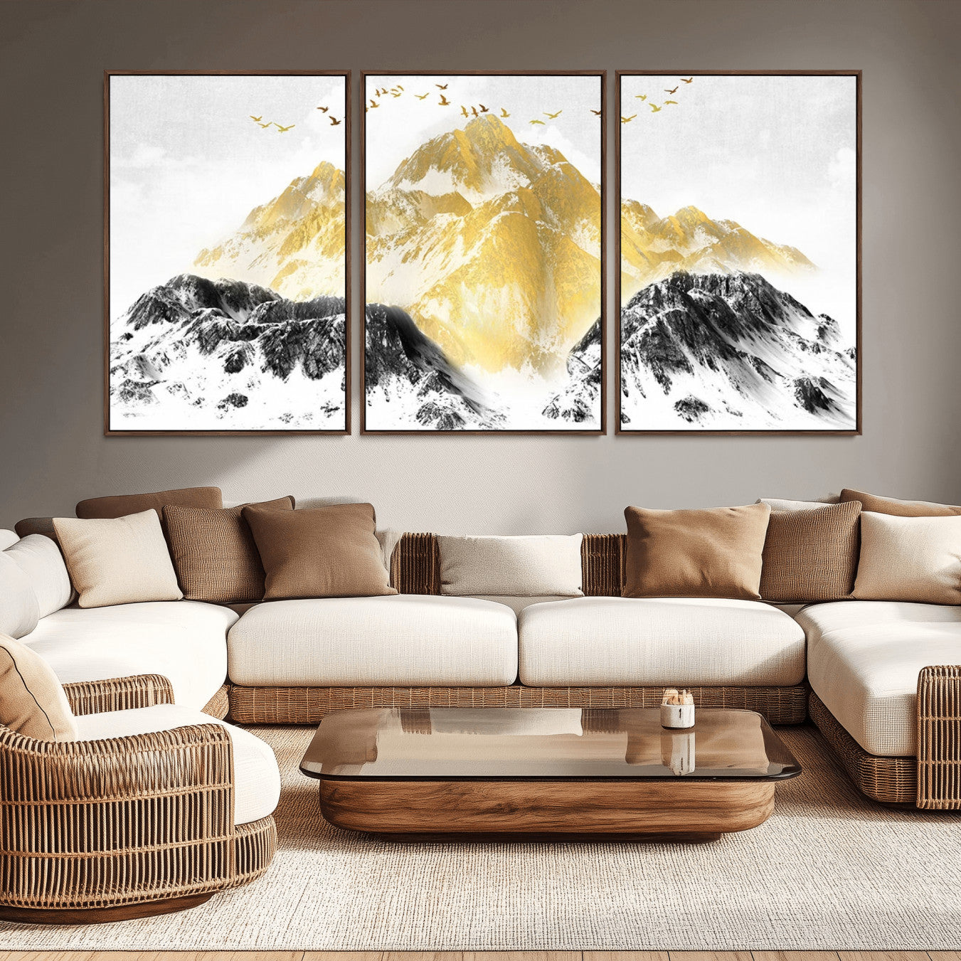 37733-MGV-CV-36X24-Golden Mountain Triptych Wall Art Canvas Print, Modern Giclee Canvas Print, Nature Landscape Decor