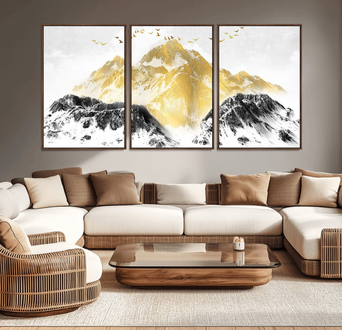 Golden Mountain Triptych Wall Art Canvas Print, Modern Gold and Black Landscape Decor