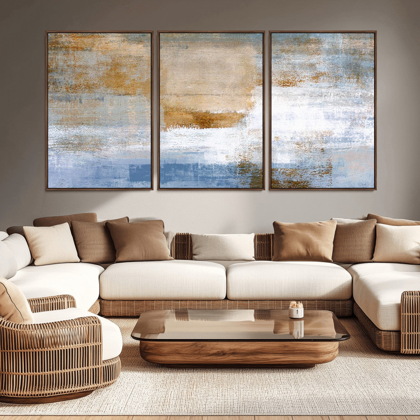 72354-MGV-CV-36X24-Blue Multi Panel Abstract Wall Art Canvas, Abstract Blue and Gold Canvas Print