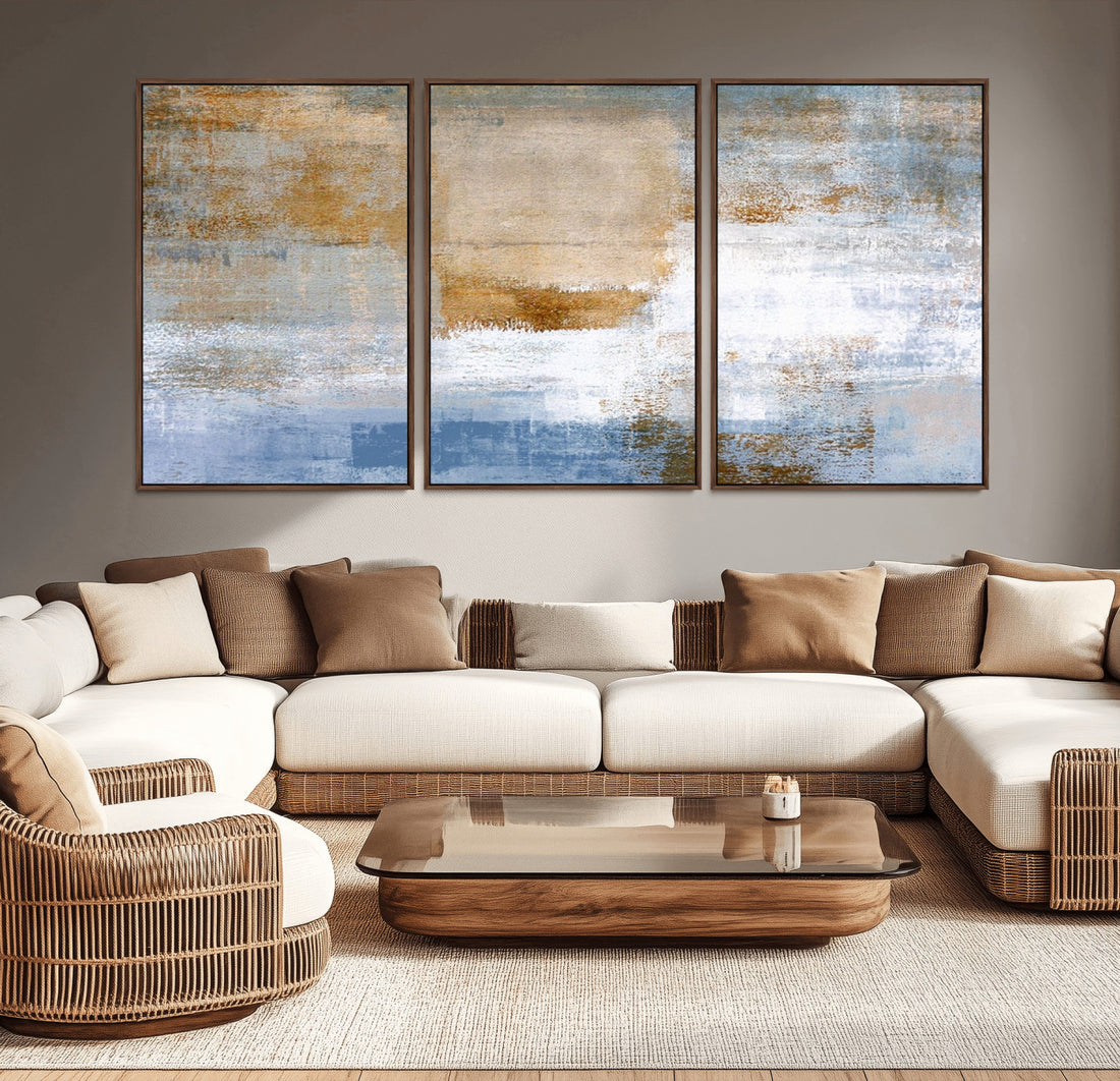 Blue Multi Panel Abstract Wall Art Canvas, Abstract Blue and Gold Canvas Print