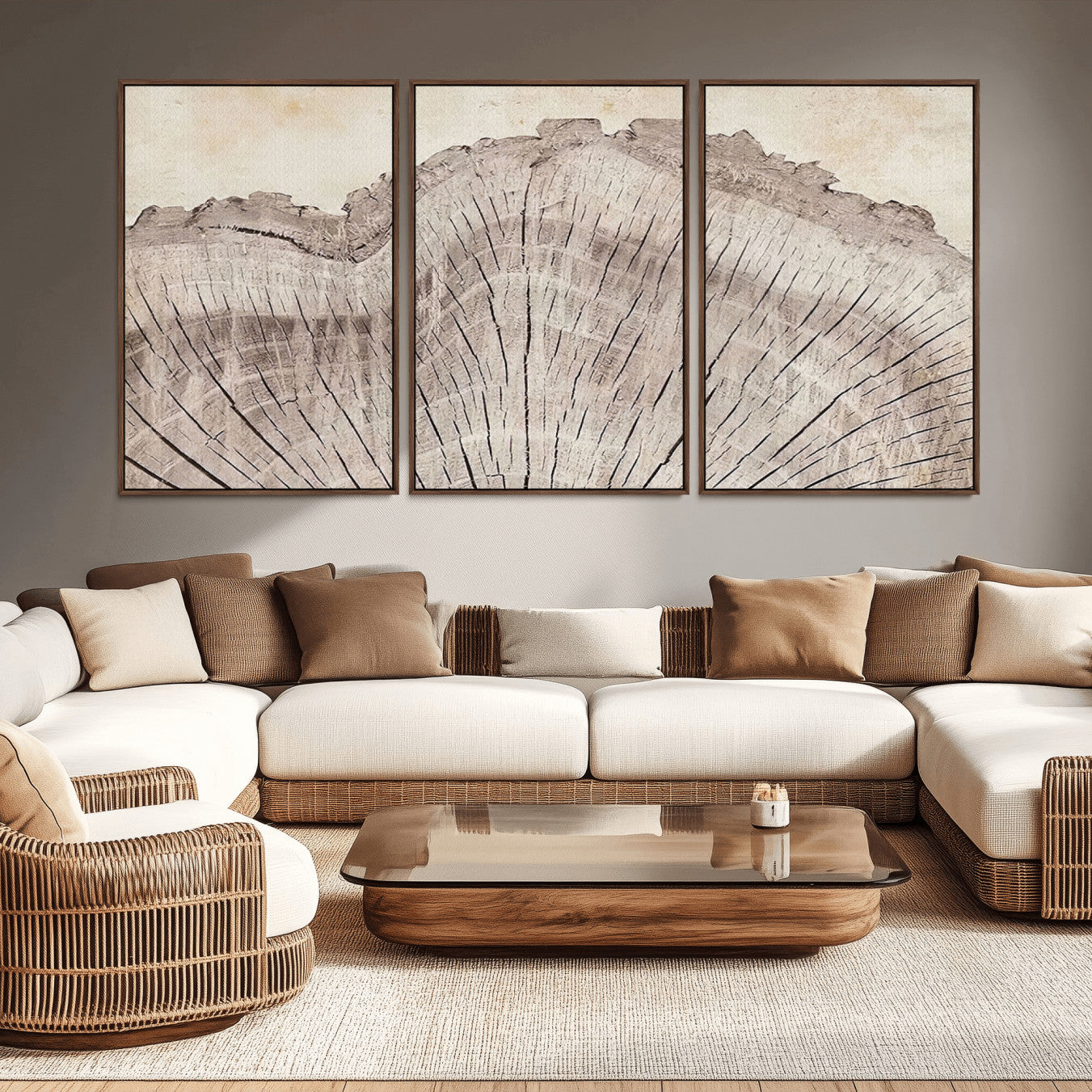 -Tree Ring Wall Art Triptych, Rustic Wood Ring Canvas Print, Minimalist Wall Decor for Modern Homes