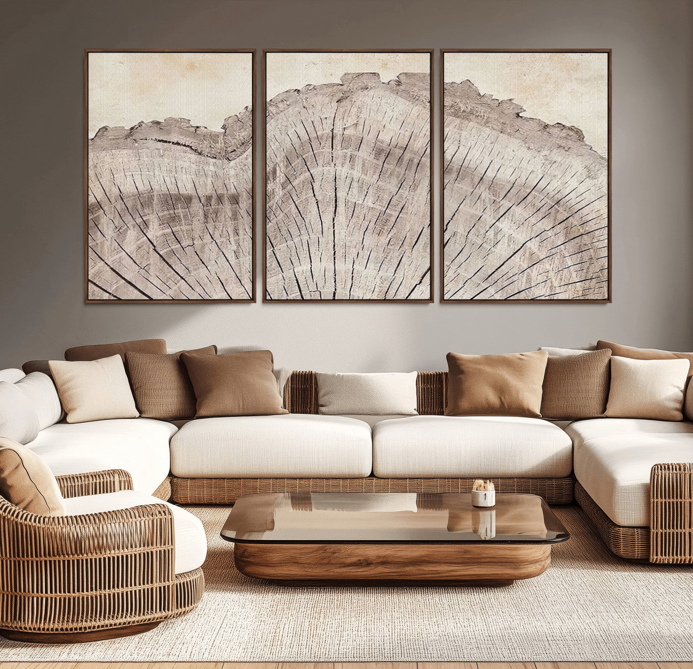 67528-MGV-CV-36X24-Tree Ring Wall Art Triptych, Rustic Wood Ring Canvas Print, Minimalist Wall Decor for Modern Homes