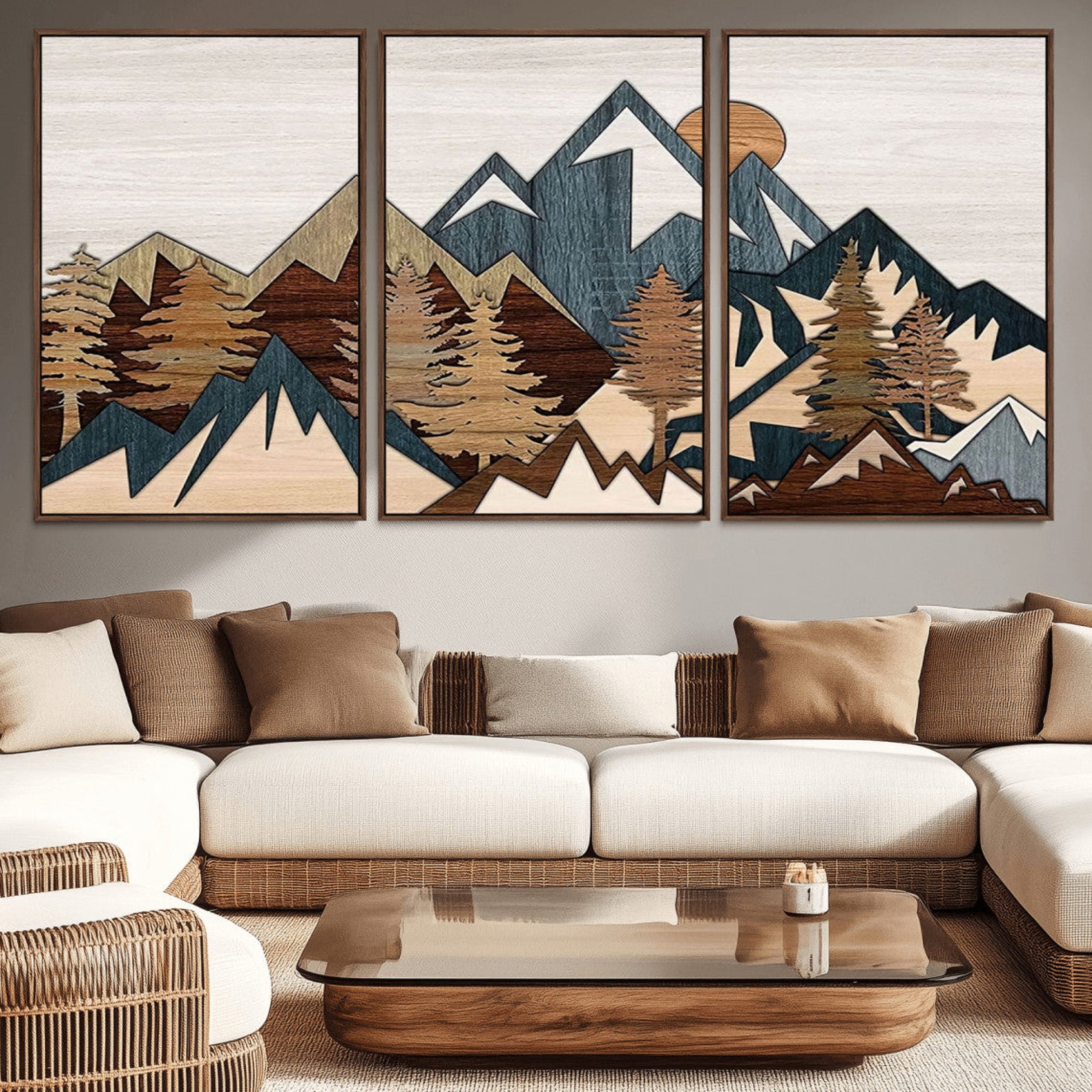 67950-MGV-CV-36X24-Rustic Abstract Wood Panel Effect Canvas Mountain Range Top Wood Wall Art Canvas Print
