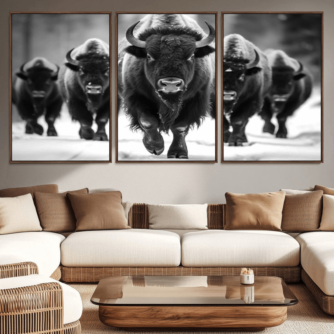 American Bison Art, Buffalo Herd Wall Art Canvas Print, Black and White