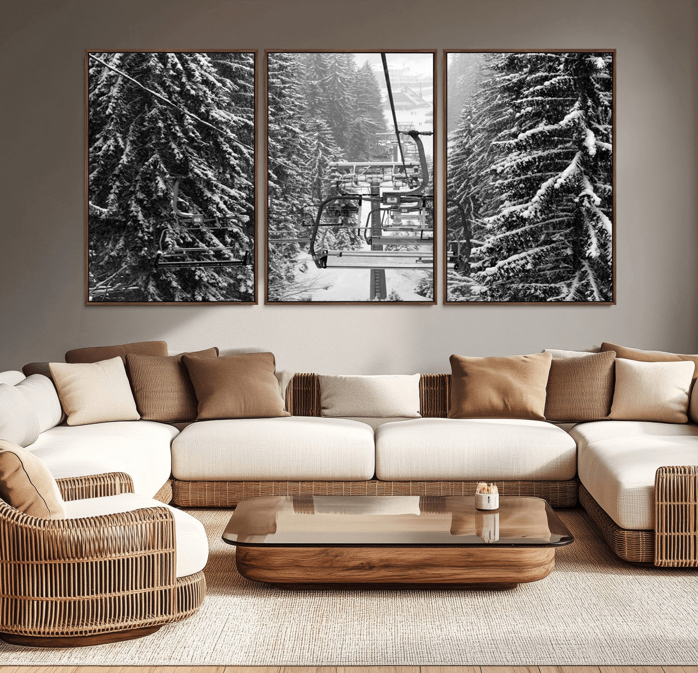 19240-MGV-CV-36X24-Winter Ski Lift Black and White Canvas Wall Art – Alpine Escape in Minimalist Style – Winter Ski
