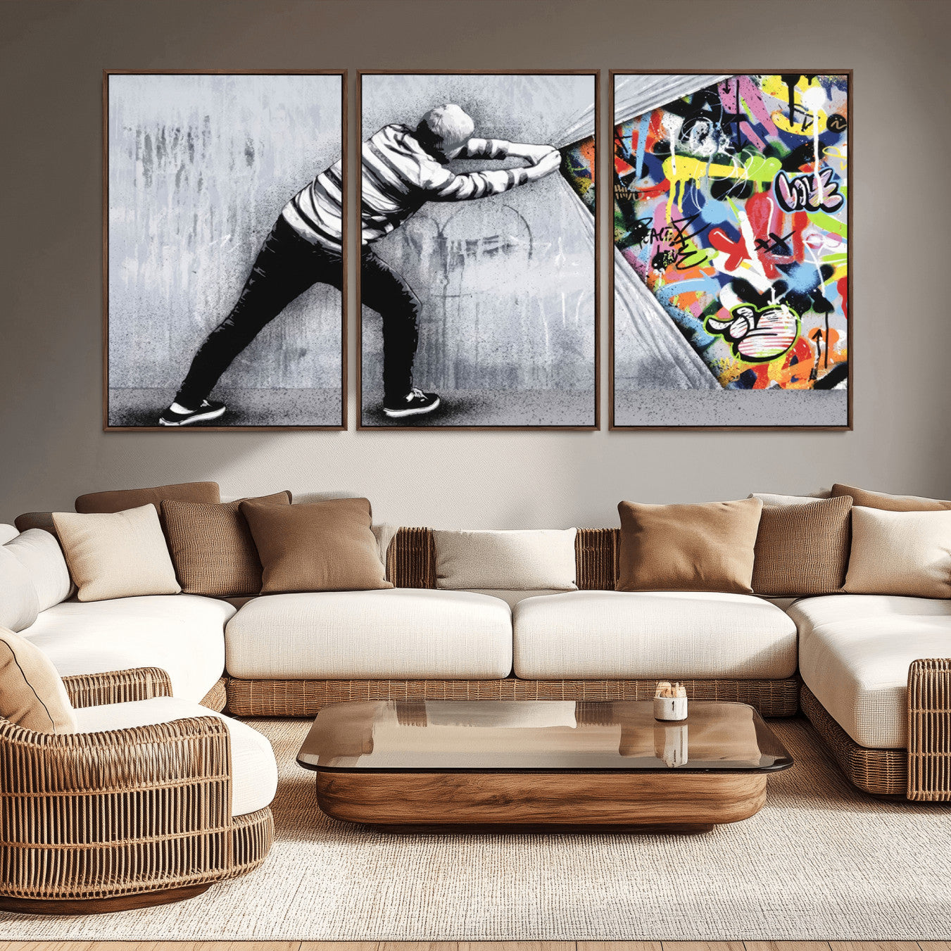 52252-MGV-CV-36X24-Banksy Art Behind the Curtain Street Wall Art Canvas Print | 3-Panel Urban Graffiti-Inspired Wall