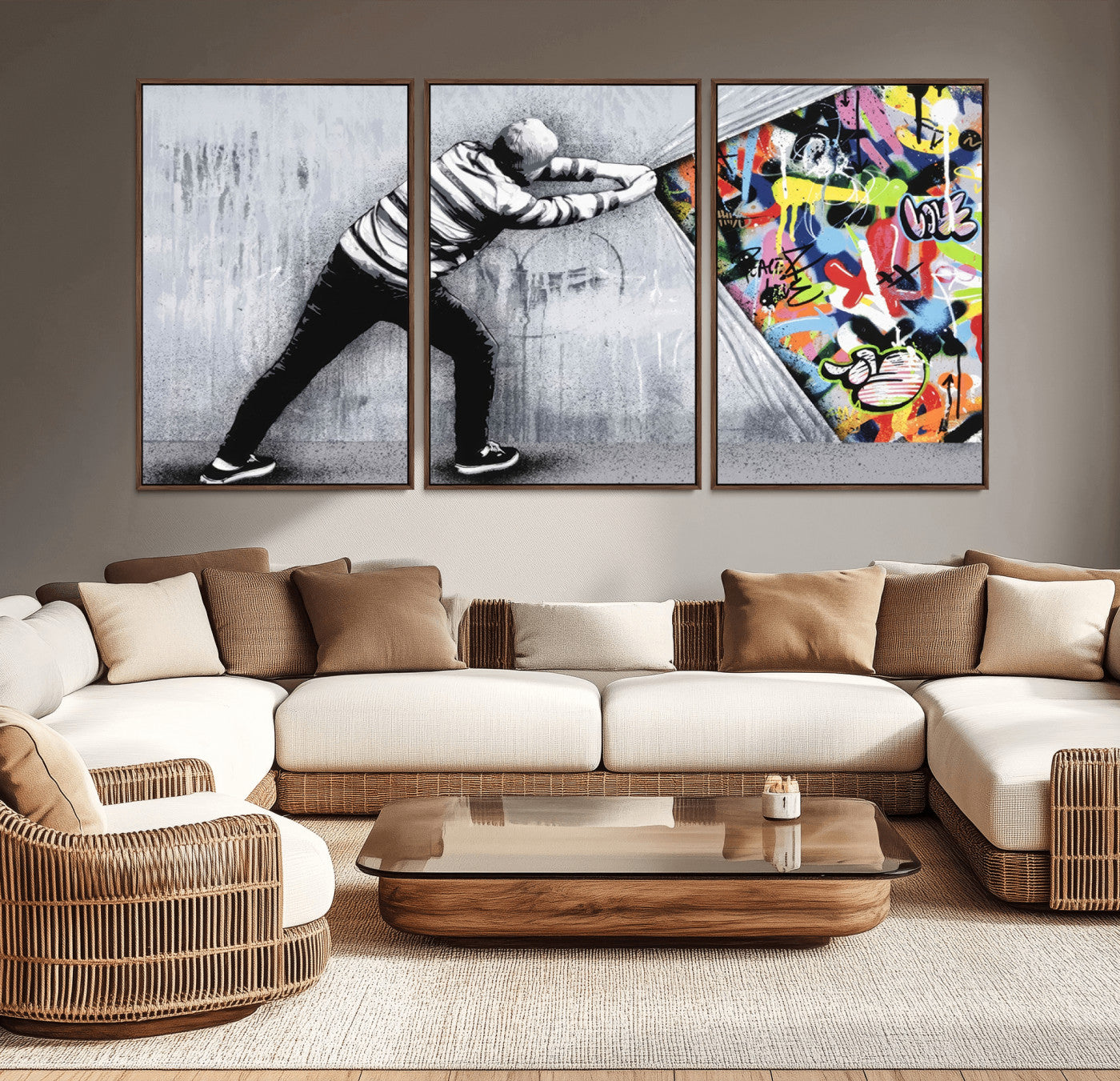 52252-MGV-CV-36X24-Banksy Art Behind the Curtain Street Wall Art Canvas Print | 3-Panel Urban Graffiti-Inspired Wall
