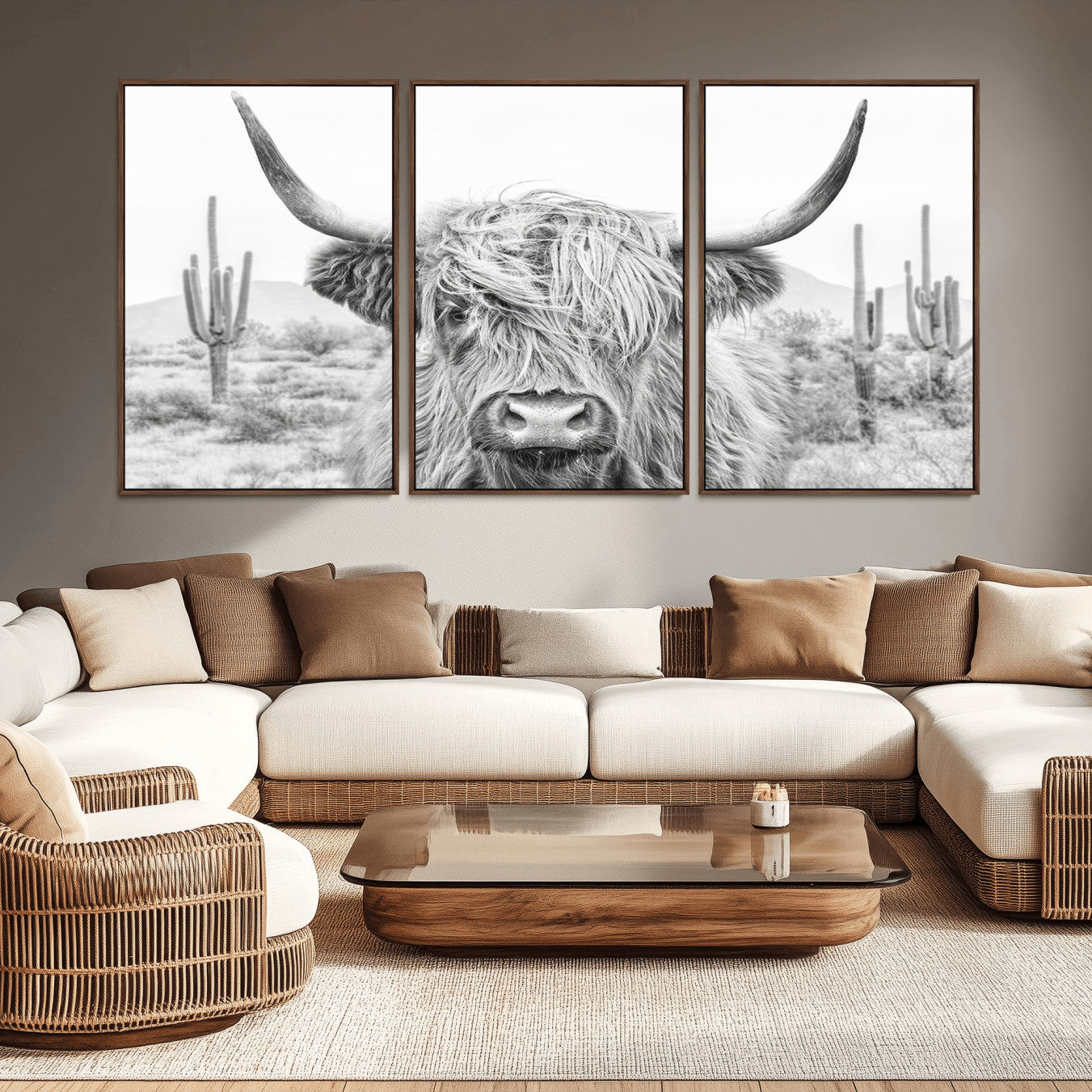 -Rustic Charm | Cow Longhorn Black White Bighorn Wall Art Canvas Print | Farmhouse Wall Art