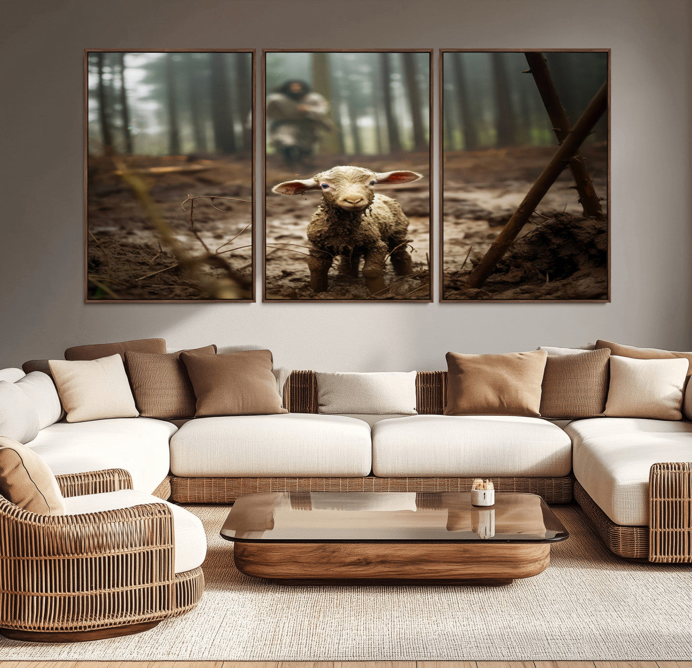 49996-MGV-CV-36X24-Jesus Lost Lamb Canvas Wall Art – Heartwarming Woodland Scene – Ready to Hang - Christian Religion