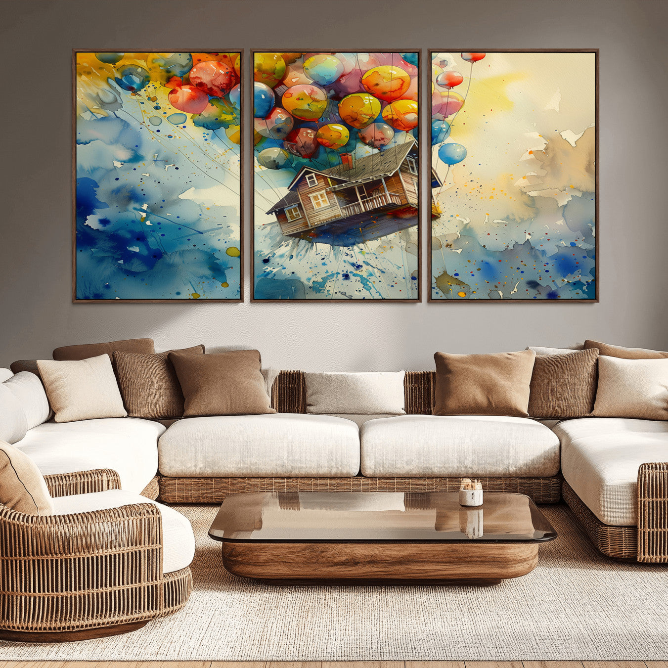 -UP-Inspired Floating House with Balloons Canvas Art – Colorful 3-Panel Wall Decor for Living Room,