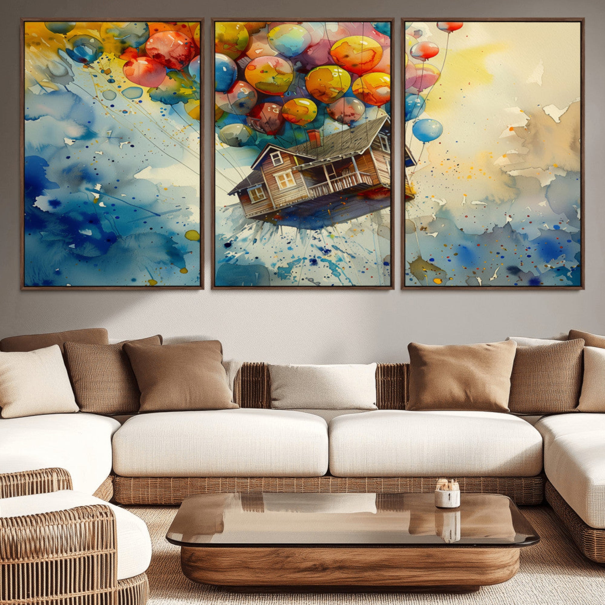 77149-MGV-CV-36X24-UP-Inspired Floating House with Balloons Canvas Art – Colorful 3-Panel Wall Decor for Living Room,