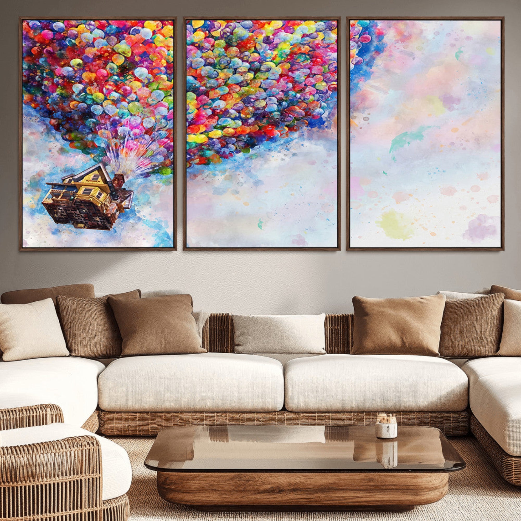 29167-MGV-CV-36X24-Don't Look Up Movie Canvas Wall Art - Vibrant Floating House and Balloons Scene, Tribute to Iconic