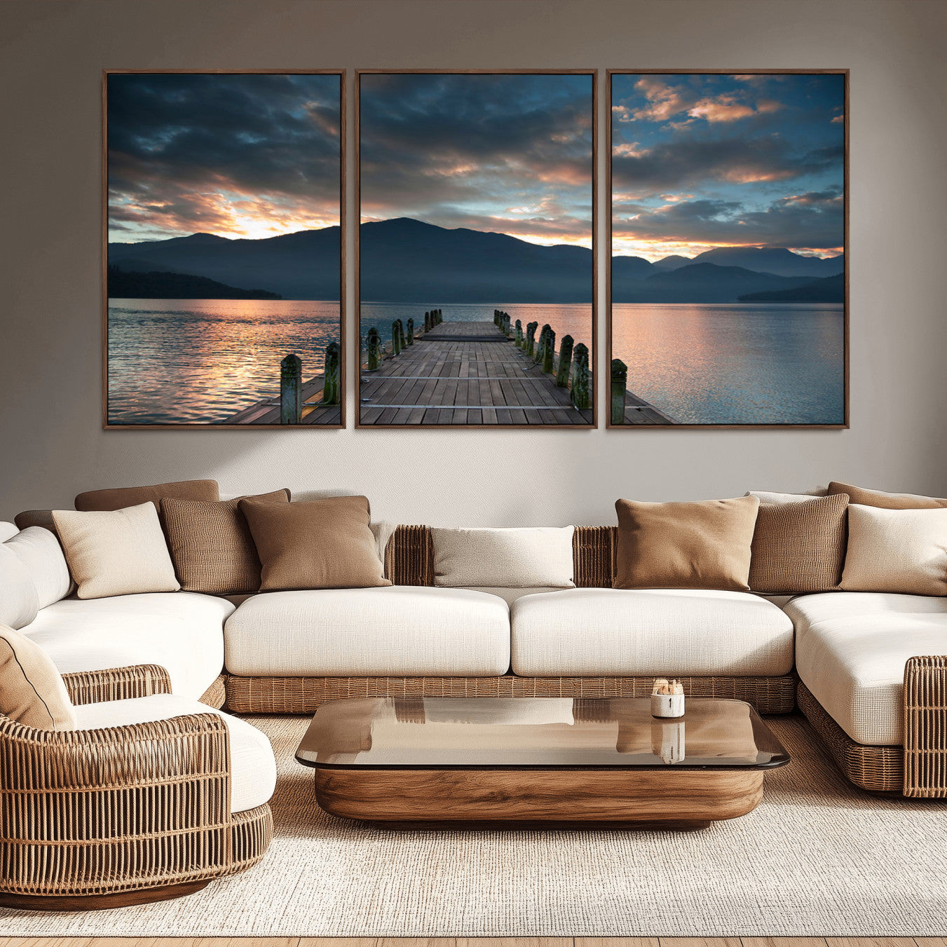 -Mountain Lake Wood Pier Canvas Wall Art Nature Lake Print