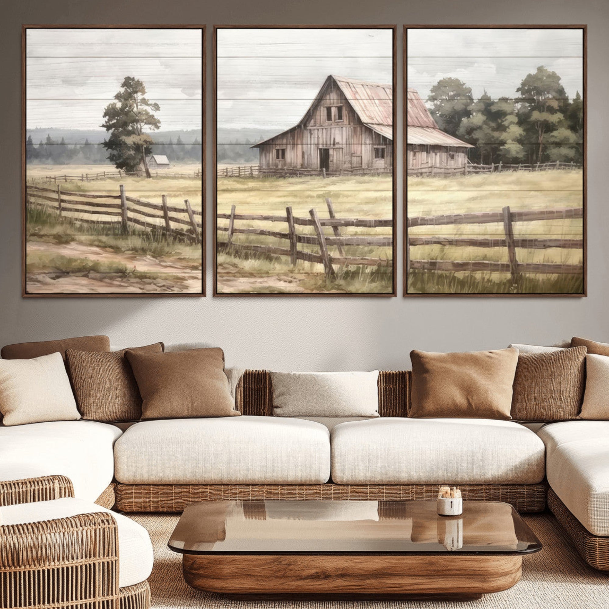 87489-MGV-CV-36X24-Rustic Farmhouse Barn Wall Art | 3-Panel Framed Gallery Wrap Giclee Canvas Print for Living Room,