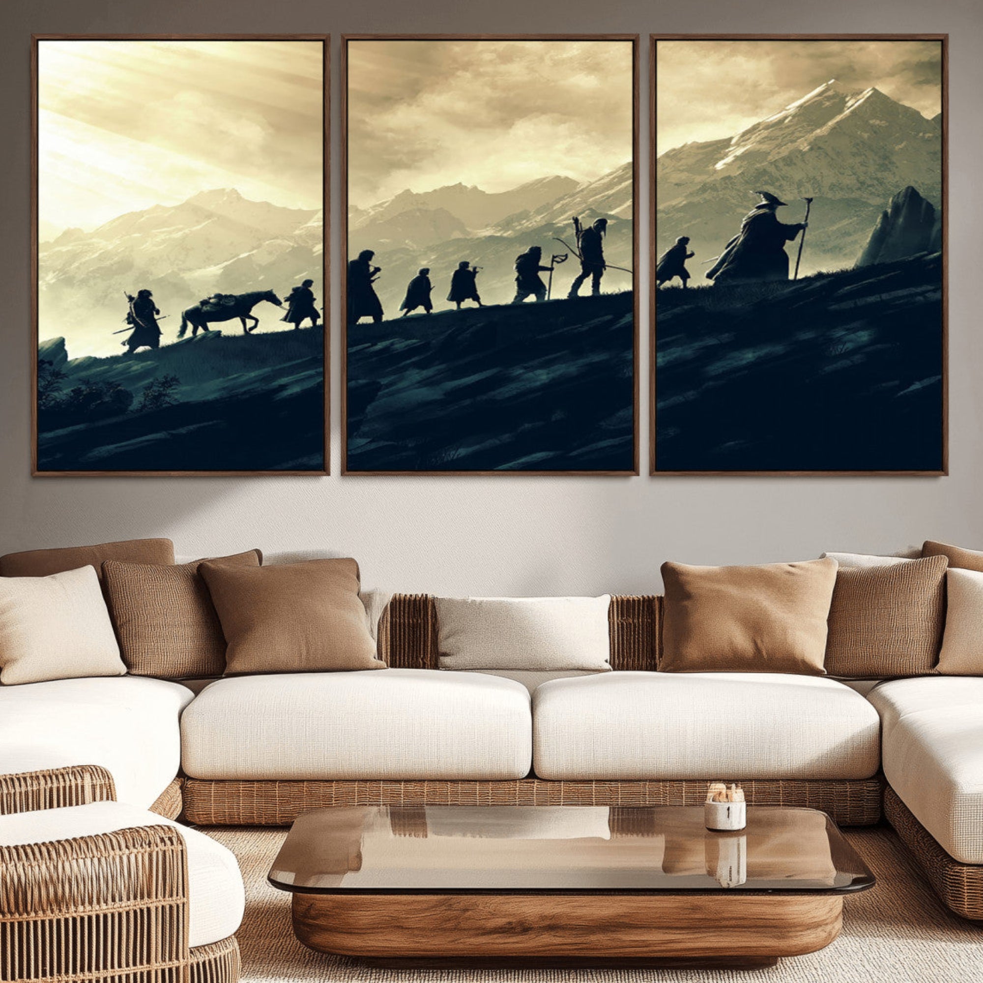 41574-MGV-CV-36X24-Fellowship Journey Wall Art – Fantasy Adventure Canvas Print with Silhouetted Travelers and Mountains, Cinematic Landscape Decor for Home or Office