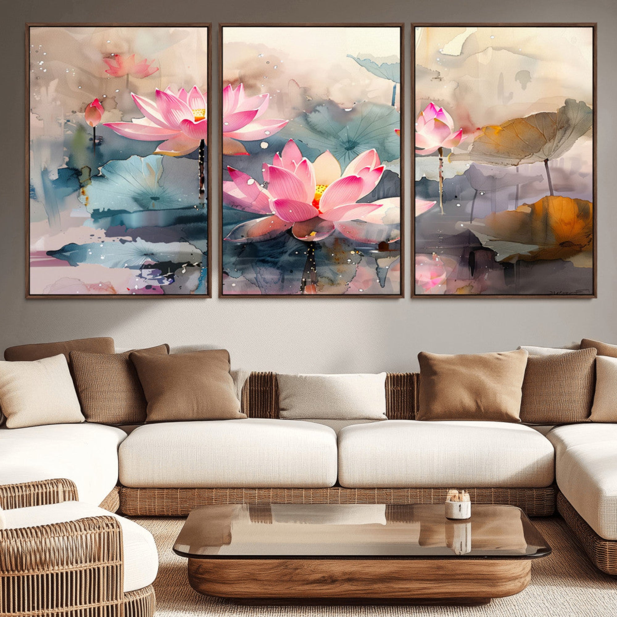 27936-MGV-CV-36X24-Lotus Flower Wall Art | 3-Panel Giclee Canvas Print of Pink Lotus Blossoms for Living Room, Bedroom,