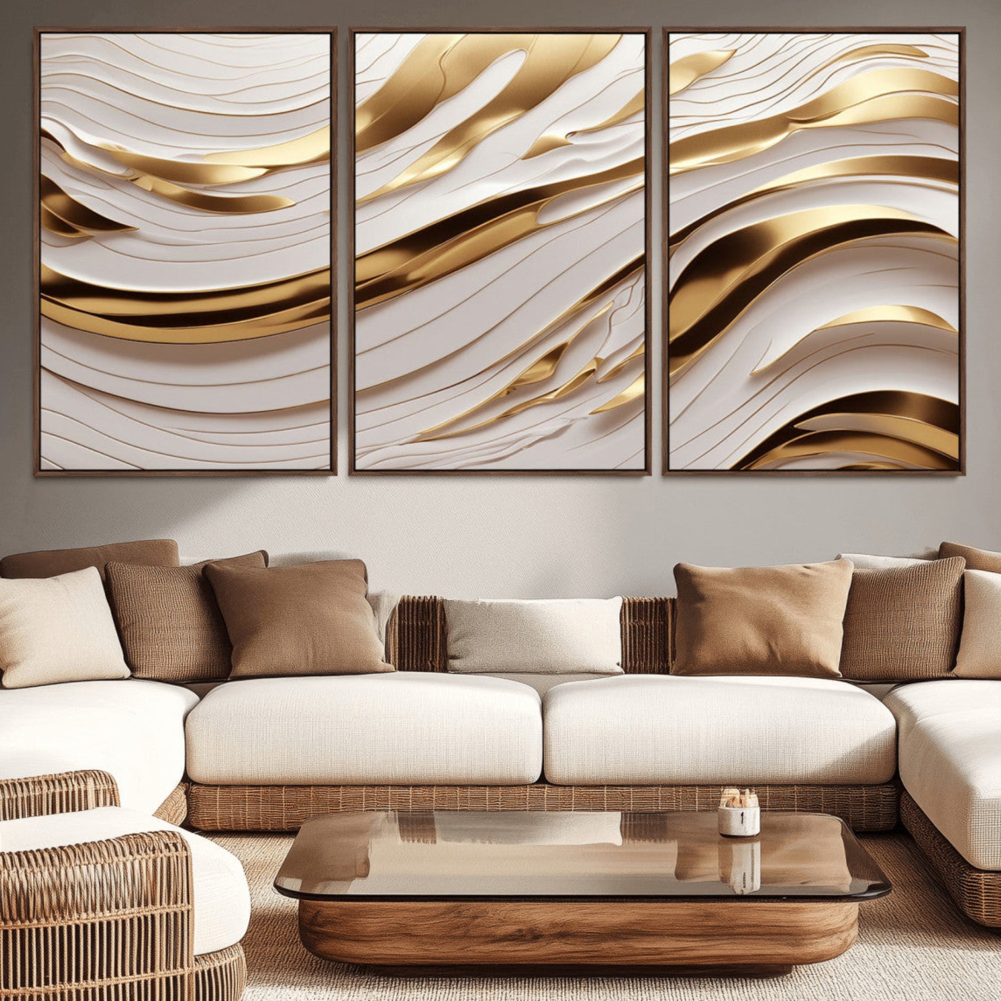 81197-MGV-CV-36X24-Gold and White Abstract Wave Canvas – Elegant Flowing Design with Luxurious Golden Accents –