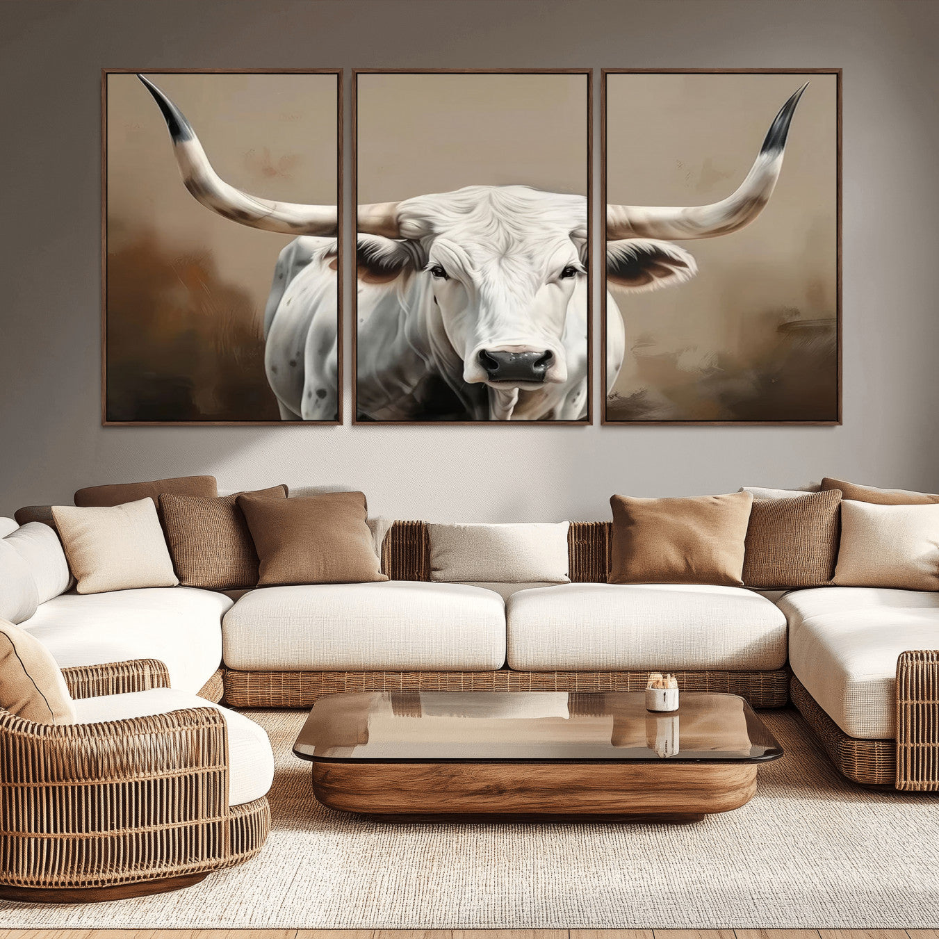 -White Longhorn Bull Wall Art Canvas Print – Framed and Ready to Hang – Perfect for Farmhouse and
