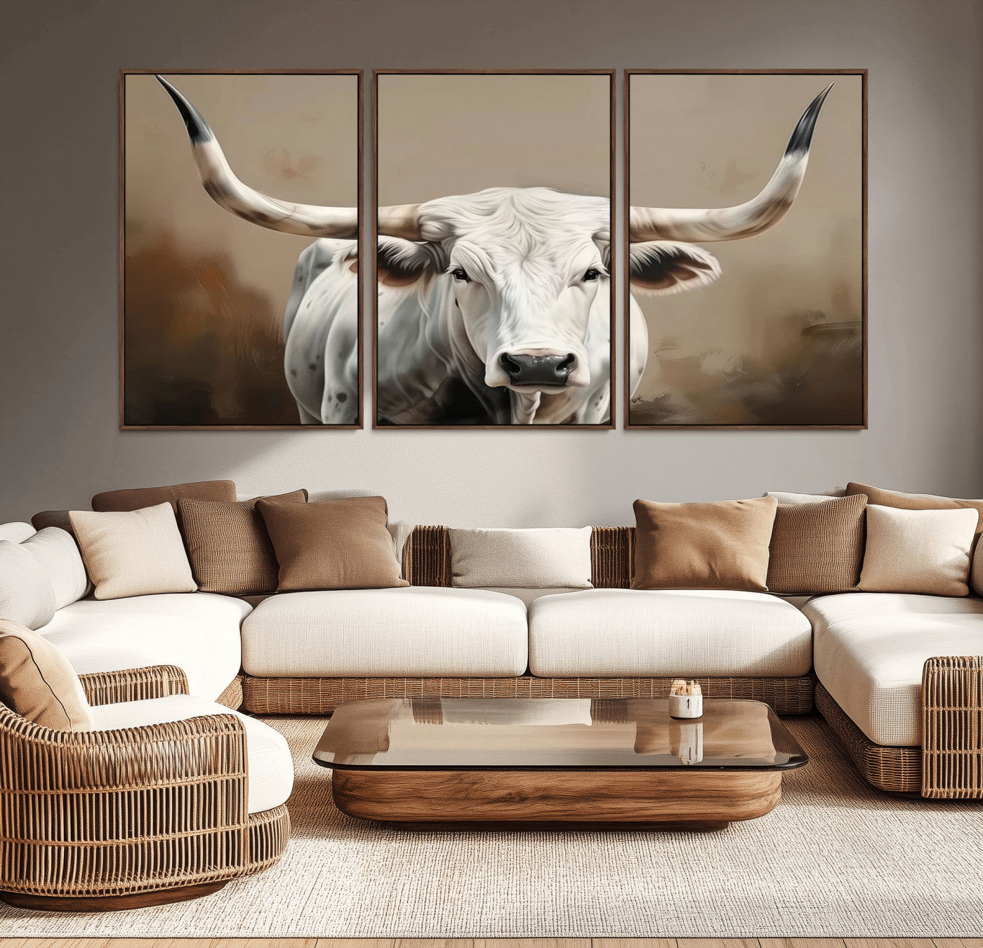 -White Longhorn Bull Wall Art Canvas Print – Framed and Ready to Hang – Perfect for Farmhouse and