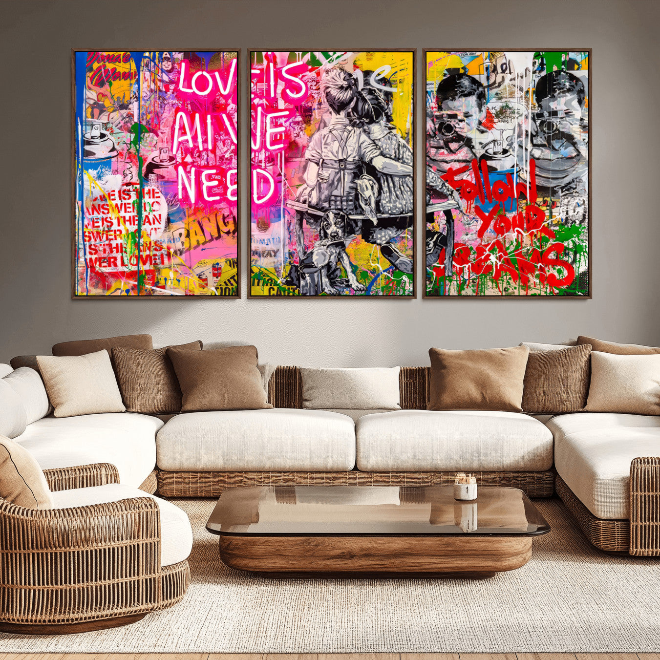 67019-MGV-CV-36X24-Follow Your Dreams & Love is All We Need Graffiti Street Art Triptych | Colorful Urban Wall Art