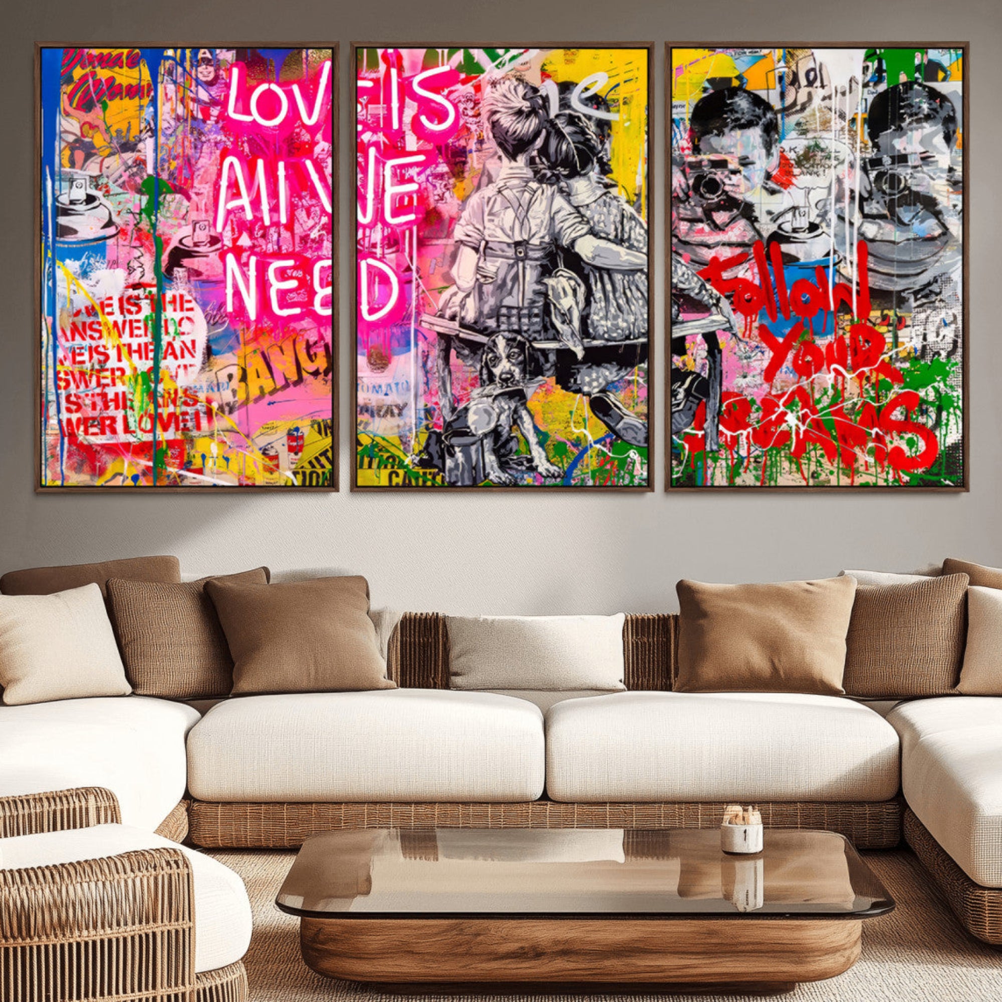 67019-MGV-CV-36X24-Follow Your Dreams & Love is All We Need Graffiti Street Art Triptych | Colorful Urban Wall Art